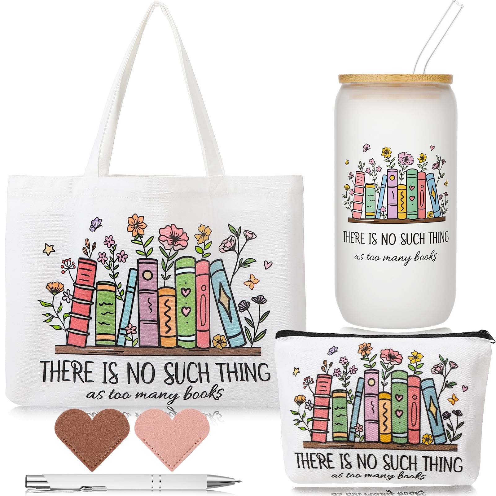 saerryor Book Lovers Gift Set,16 oz Glass Iced Coffee Cup Tote Bag Makeup Bag and Bookmarks,Bookish Librarians Appreciation Present Retirment Leaving Birthday Gifts for Readers & Bookworms