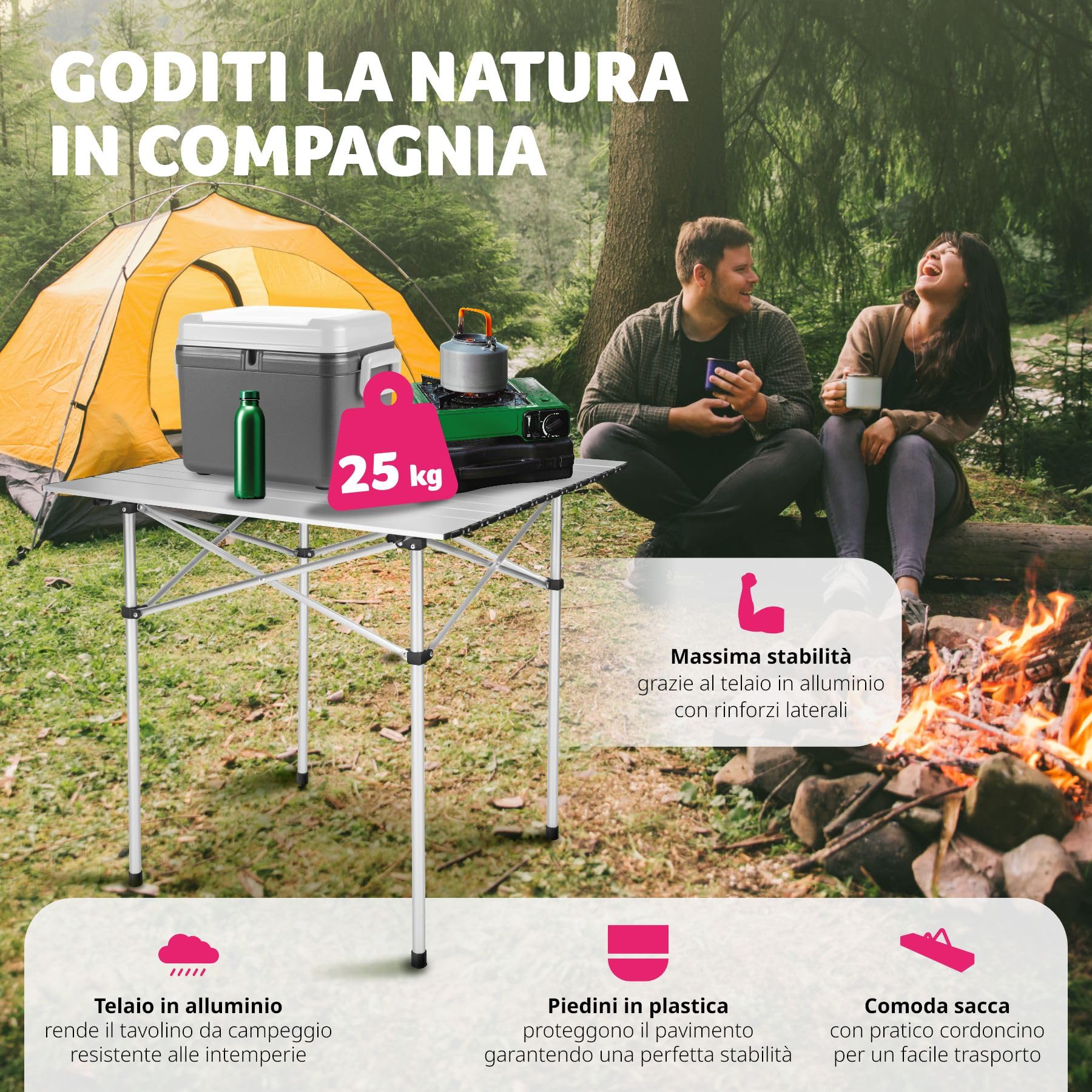 tectake® Tavolo da Campeggio Pieghevole, Telaio in Alluminio, Tavolo Salvaspazio con Pratica Borsa da Trasporto, Resistente alle Intemperie, 70x70x70 cm - Grigio