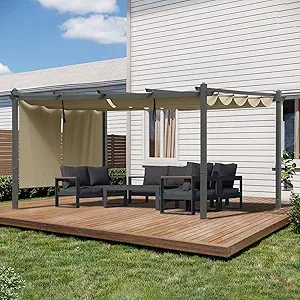 BPS 12x16 ft Outdoor Pergola with Retractable Shade Canopy and Aluminum Frame
