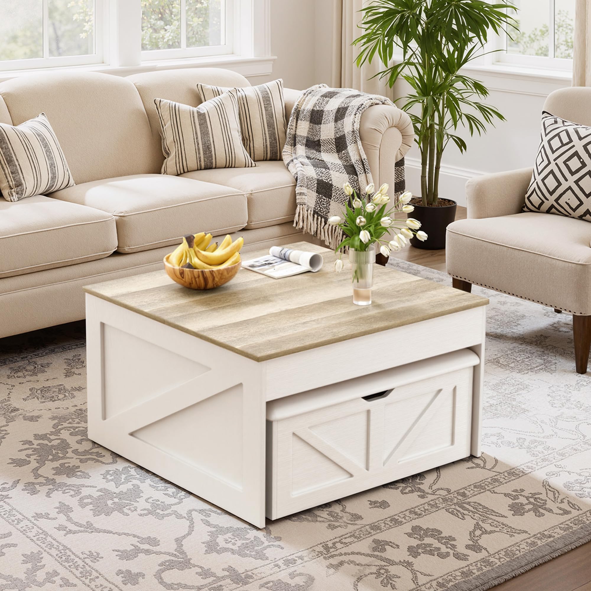 Couchtische mit Aufbewahrung versteckten Fach, Lift Top 31,5 Couchtische mit Bank, Mitteltisch mit Holz Lift Tischplatte für Wohnzimmer, weiß