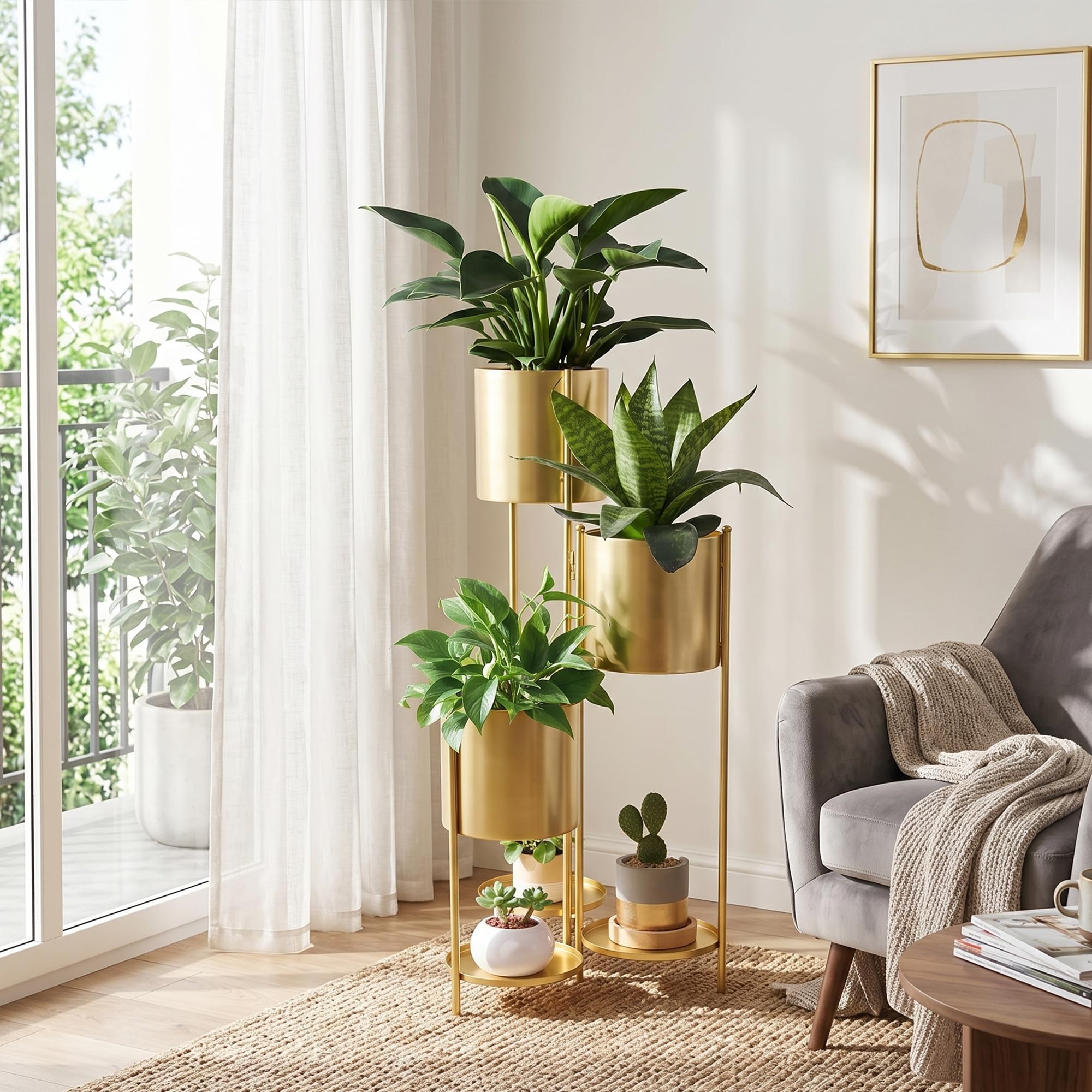 TRIROCKS 90cm High Multiple Metal Plants Stand, 6 Tier 6 Potted Indoor Flower Pot Holder Shelf Outdoor Foldable Decorative Storage Rack for Patio Garden, Living Room, Corner (Gold)