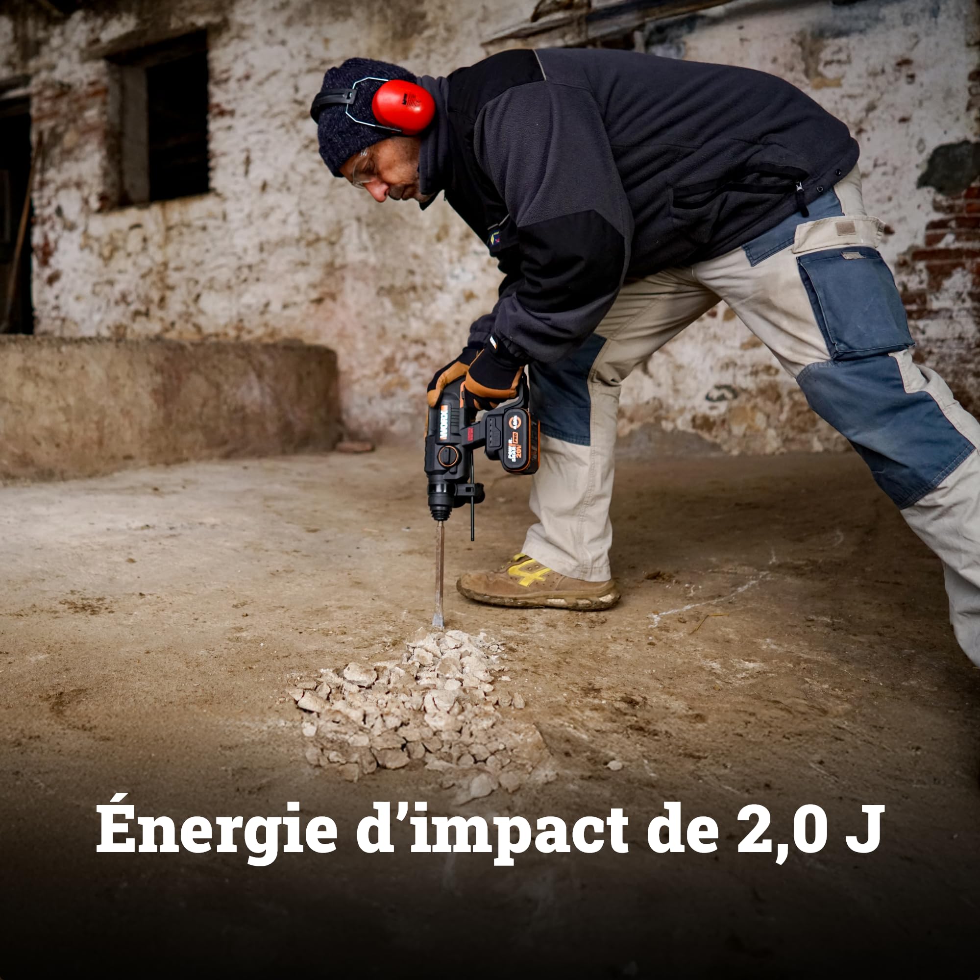 WORX Perforateur sans fil Brushless 20V WX381, 2J, 3 en 1, Perçage, Percussion, Burinage dans tous les matériaux, antivibrations, livré avec 1 Batterie 4Ah, Chargeur et Accessoires