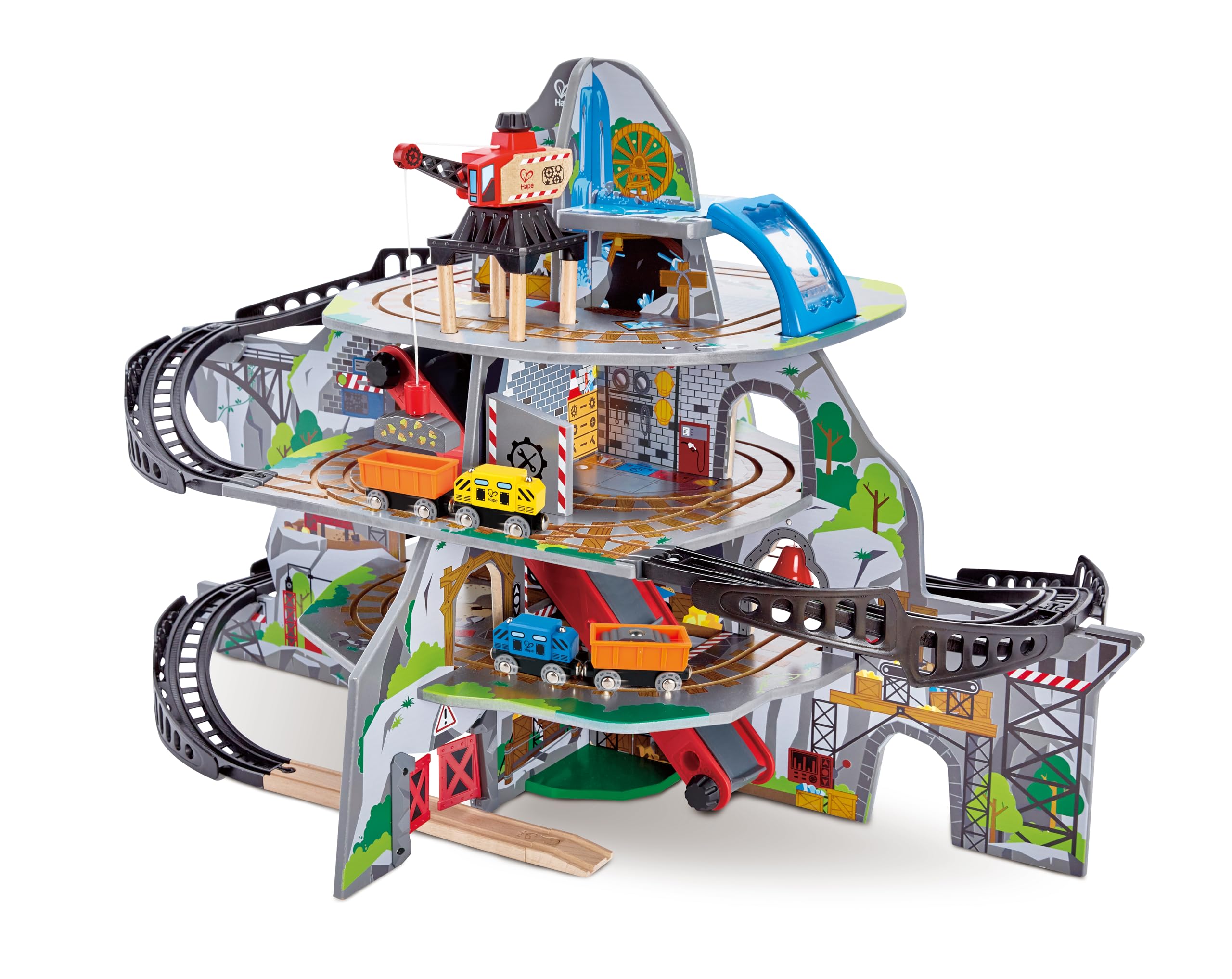 Hape Mighty Mountain Mine | Multi-Coloured 32-Piece Wooden Pretend Play Railway Set | Train Toy for Kids