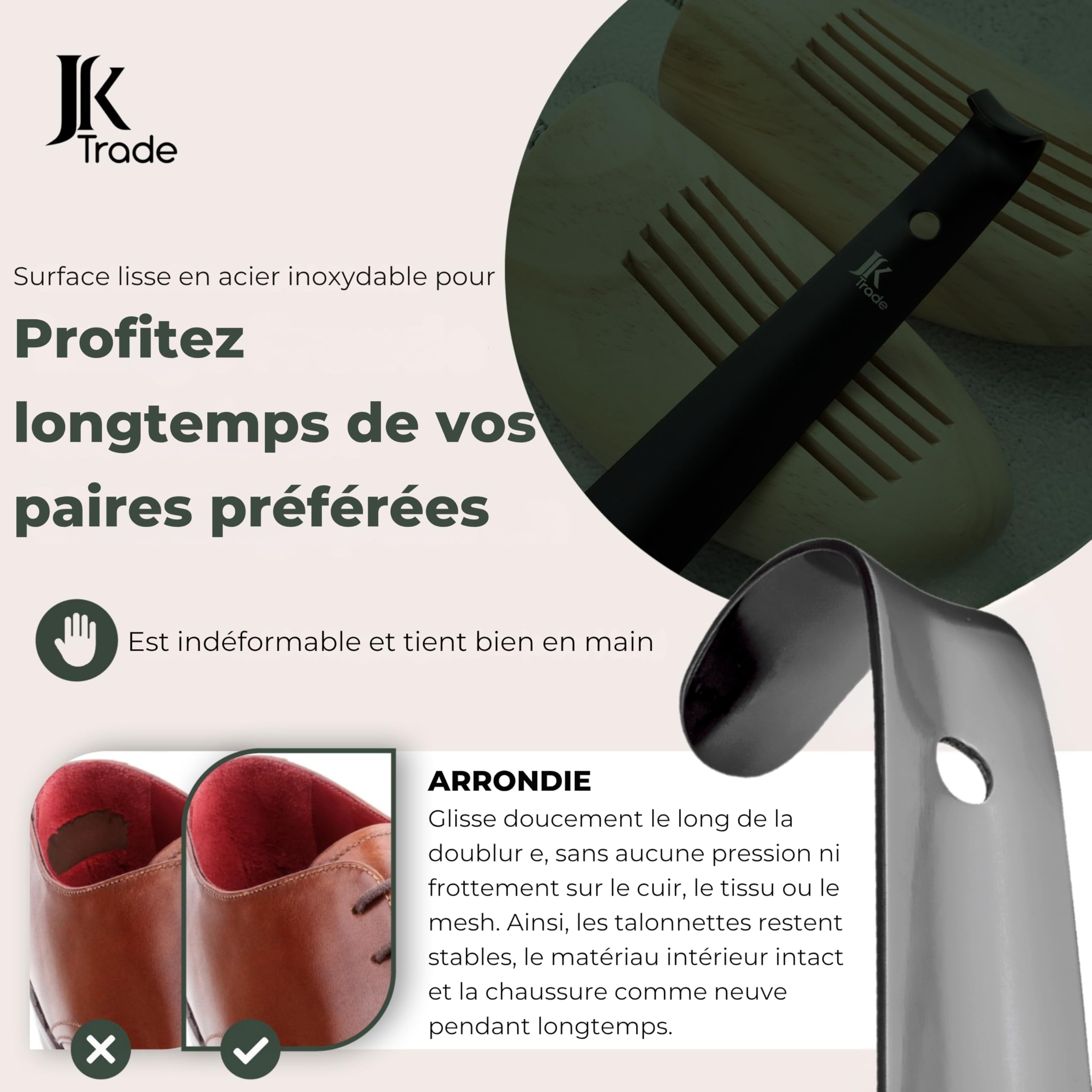 JK Trade Chausse-pied long en acier inoxydable stable de 42 cm - Long chausse-pied en acier inoxydable - Rapide et facile - Longueur et largeur optimisées - Shoe Horn Business - Anthracite