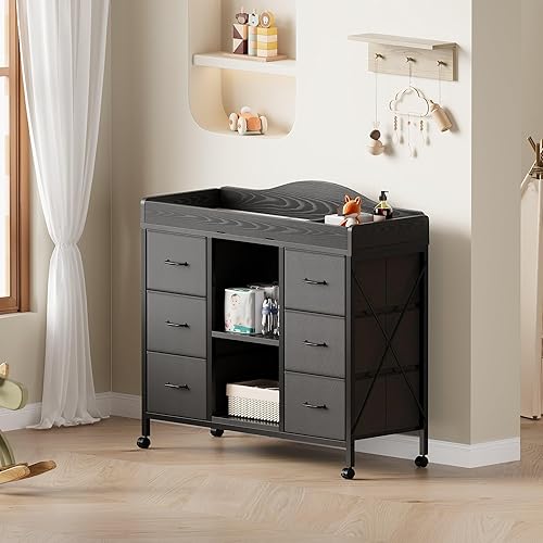 Miniatura 7 de Cambiador, cómoda de bebé de 6 cajones con parte superior de cambiador, estación impermeable de cambio de pañal y almohadilla, 2 estantes de