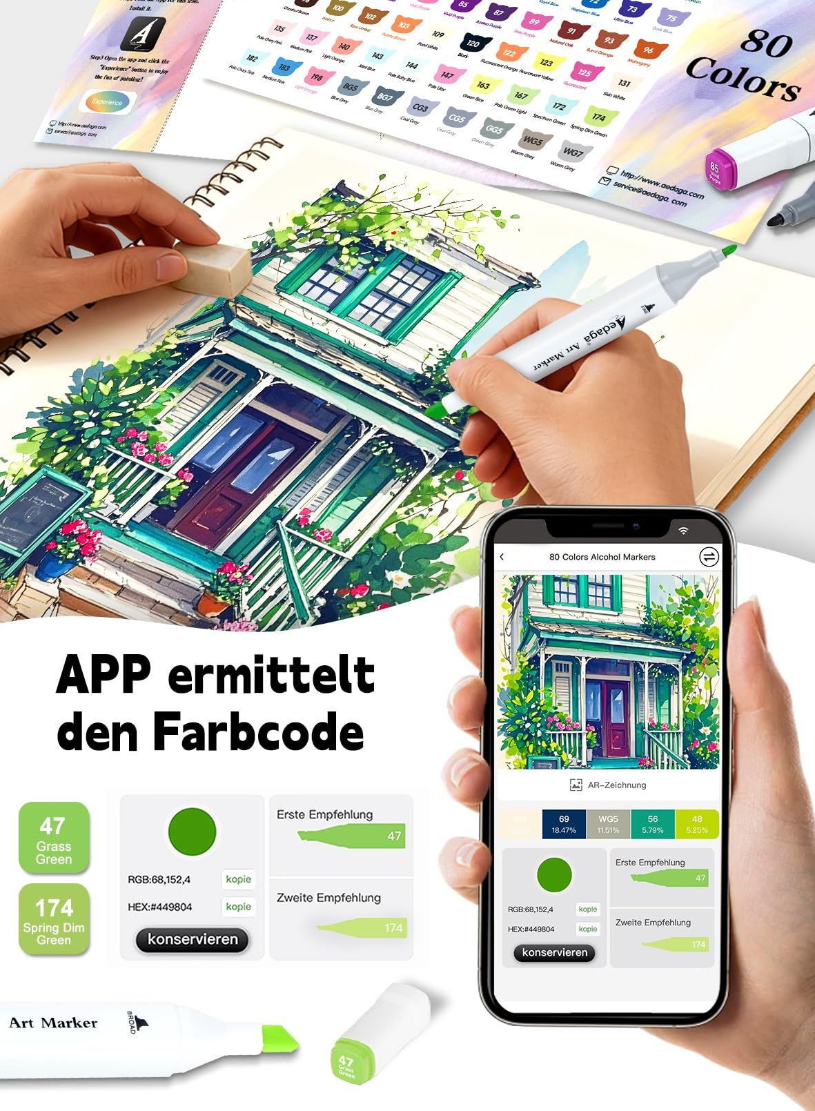 AEDAGA 240 Farben Alkohol Marker mit App, Doppelspitze Alcohol Marker mit Ständer-Etui für Erwachsene, Alkohol Stifte für Malen, Skizzieren & Zeichnen