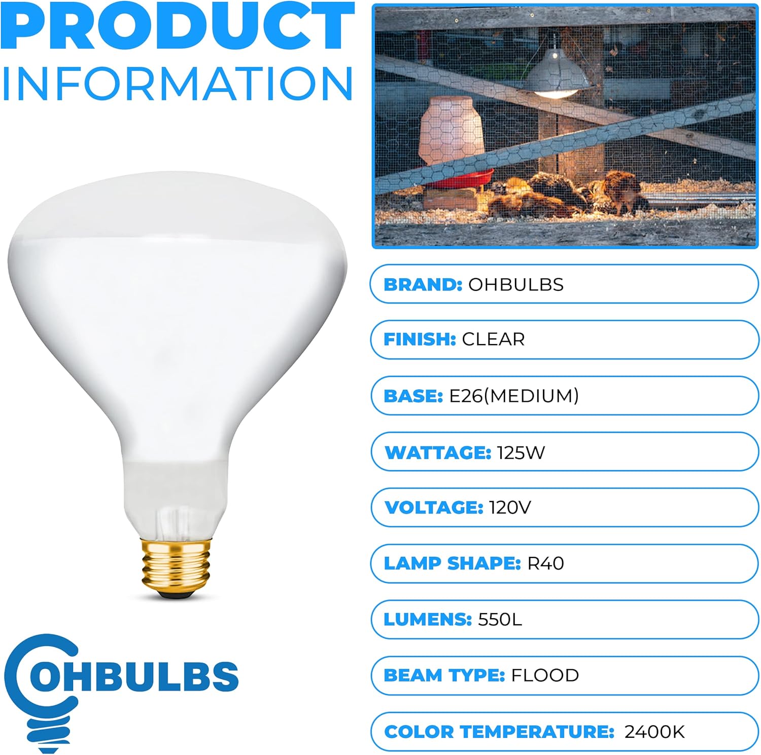 OHLECTRIC R40 Clear Infrared Heat Flood Bulb with E26 Medium Base | 125W Heat Reflector Incandescent Light for Recessed Fixtures | Ideal for Light Therapy, Workshops, Poultry Farmings
