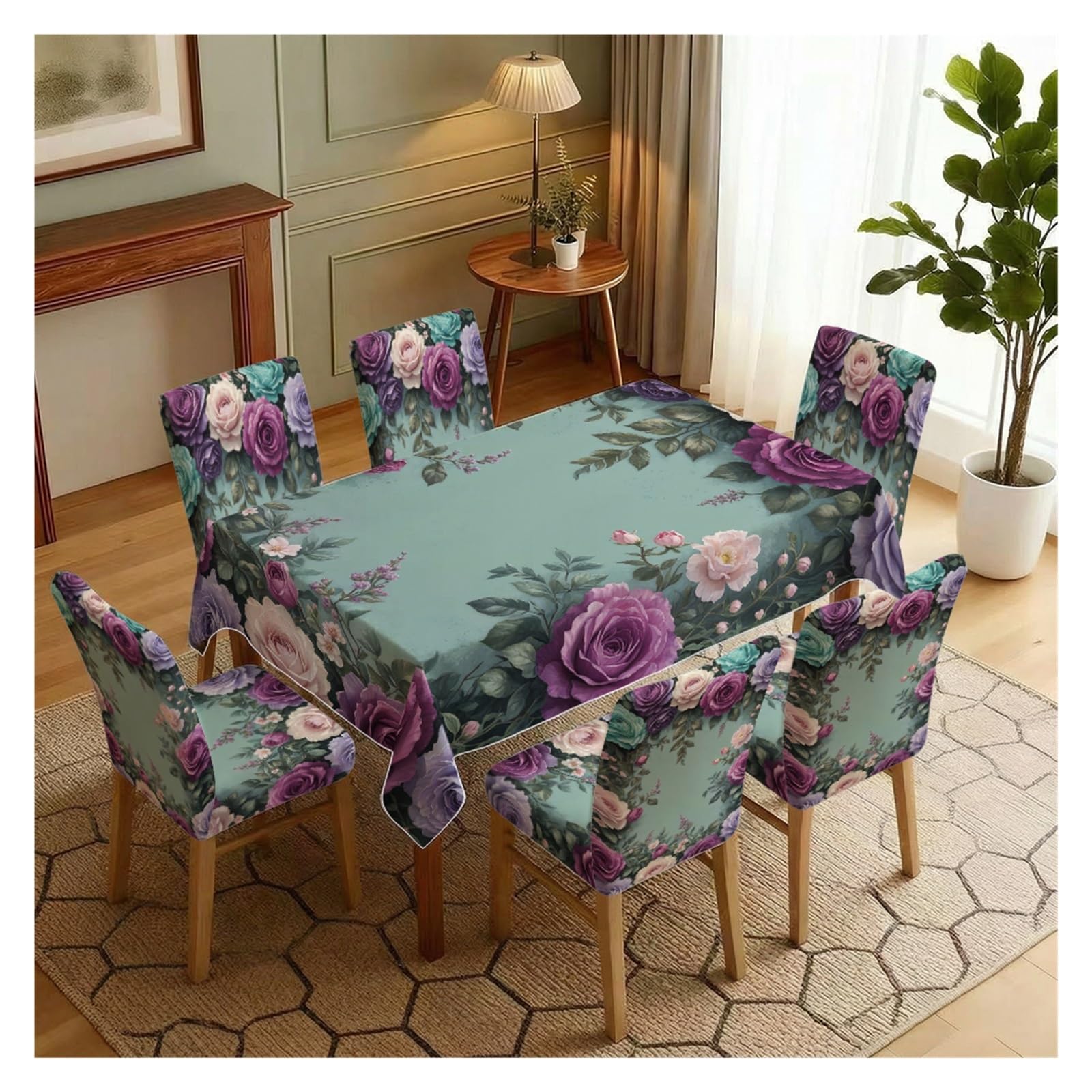 BOSUYBN Teal Base Multi-Colored Rose Floral Dining Tablecloth & Chair Covers Set, 5/7 Piece Romantic Moody Boho Cottage Dining Decor Table Setting(7pcs Set: Tablecloth+Chair Covers)