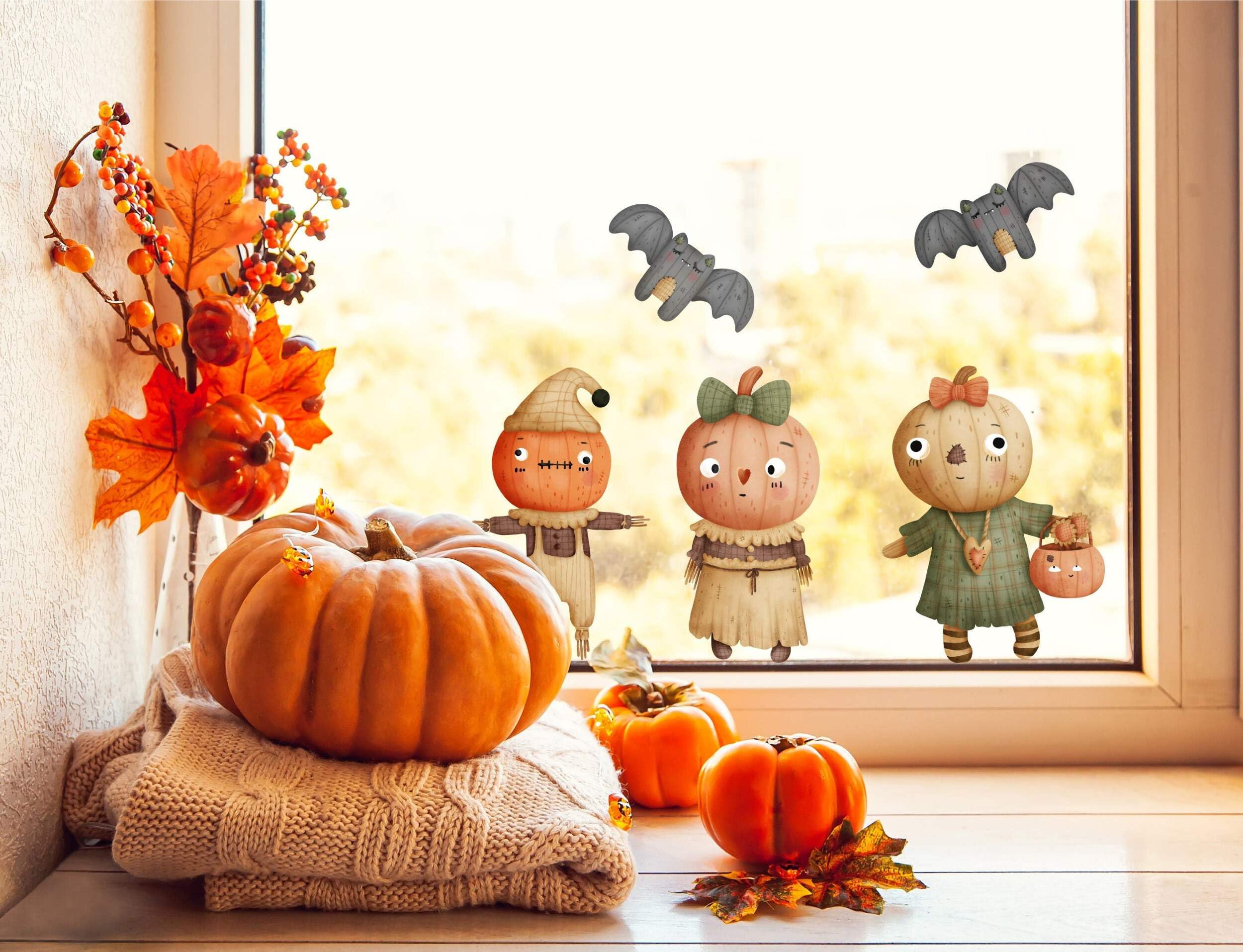 Quotemywall Light Cute Pumpkin Scarecrows Bats Halloween Window Stickers, Halloween Decorations For Kids Childrens
