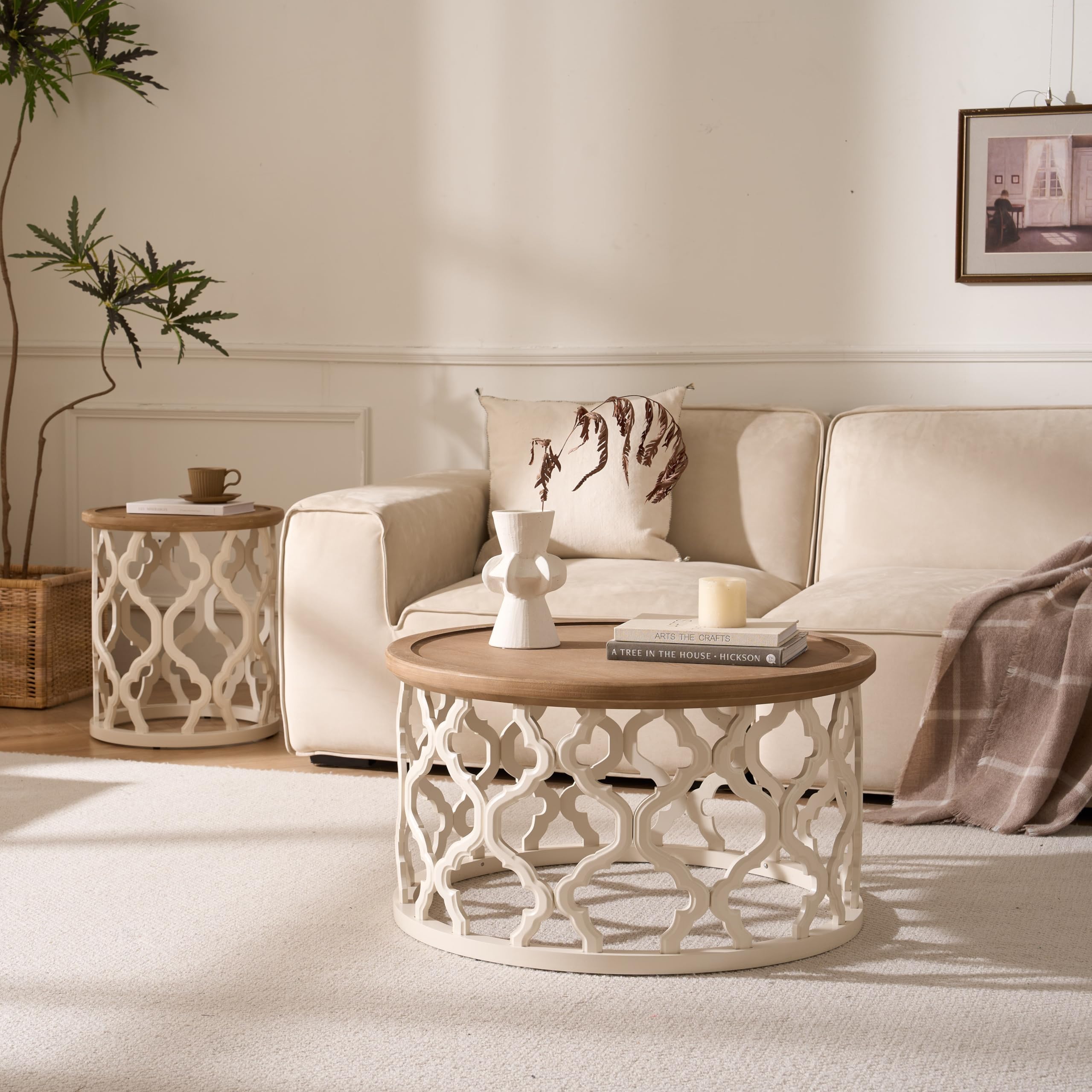 Table Basse Ronde, Table de Salon en Bois avec Pieds ajourés, Table Basse Moderne avec Bords surélevés pour Salon ou Chambre à Coucher, Table Basse Ronde Ø76x41cm (Ø76x41cm)
