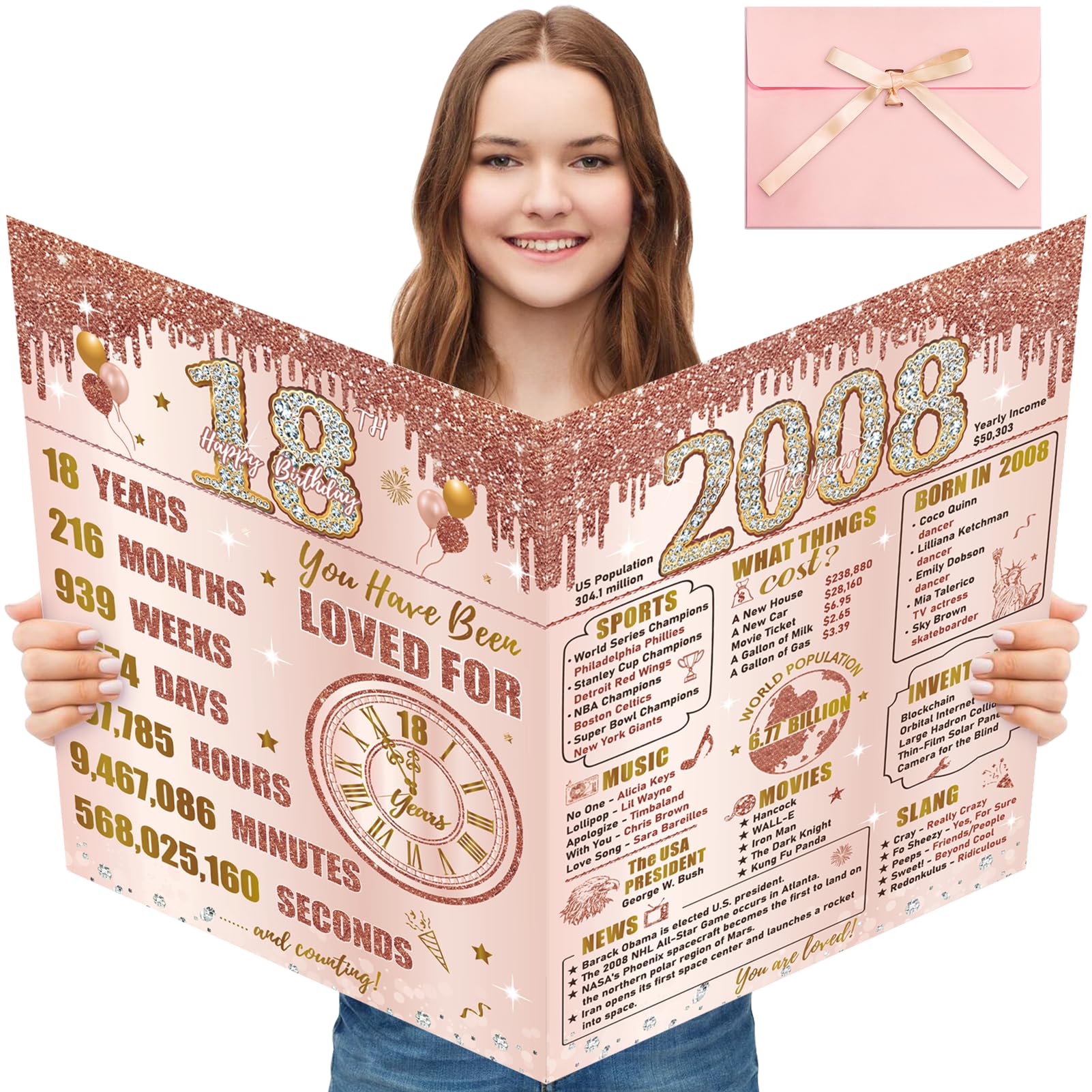 Turypaty Large 18th Birthday Card With Envelope for Girls, Pink Rose Gold The Year 2008 Happy 18th Birthday Giant Guest Signature Book Gift, Extra Big