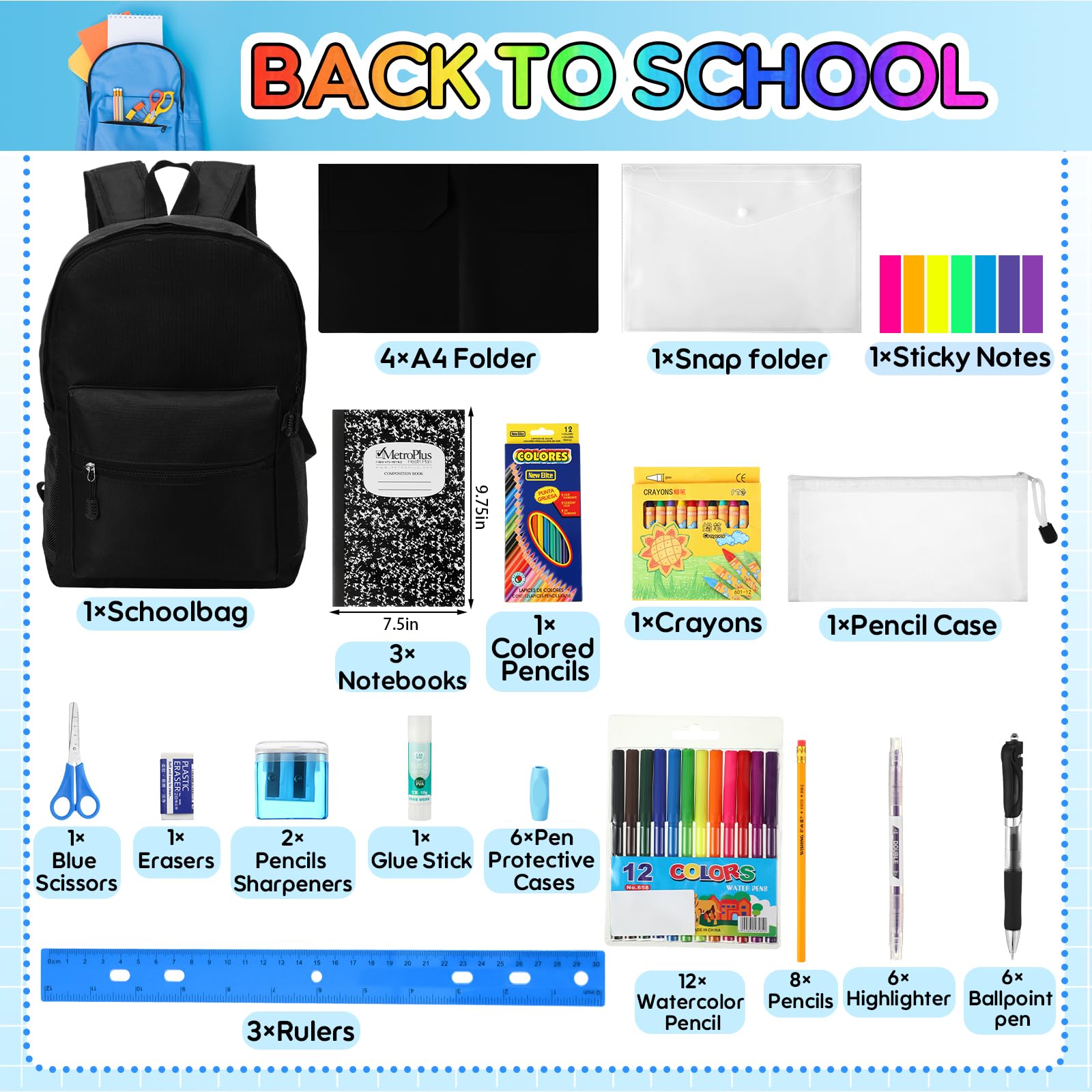 Gilprop 86-teiliges Schulbedarf-Set mit Rucksack, Schulbedarf, Taschen-Set, Grundausstattung für Kinder, Studenten, Mädchen, Jungen, Klassenzimmer, Schule (schwarz)