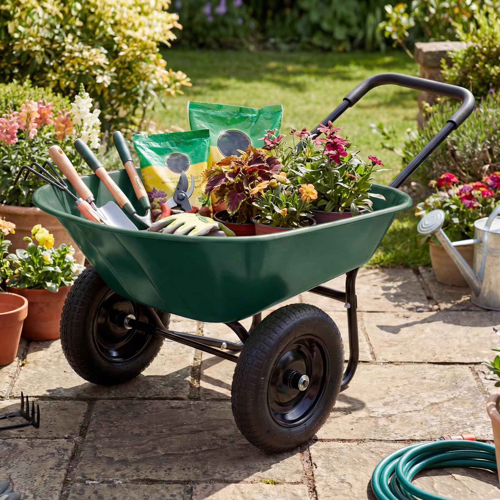 TANTASK - Carriola da giardino a 2 ruote, 78 l, con funzione di ribaltamento, telaio in metallo, portata 100 kg, carriola da giardino, carrello da trasporto per giardino e cortile (verde)
