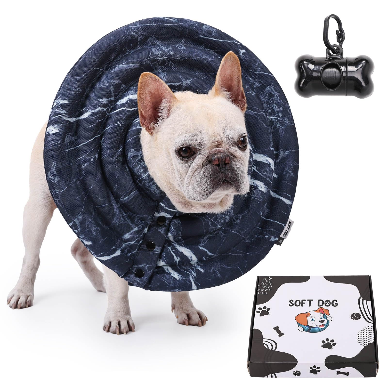 SOFT DOG Cone Donut alternative Cones medium Collar after of The Surgery Comfortable Necklace of Recovery Water Ajustable by buttons Necklace Design of marble Cone Medium Black white.