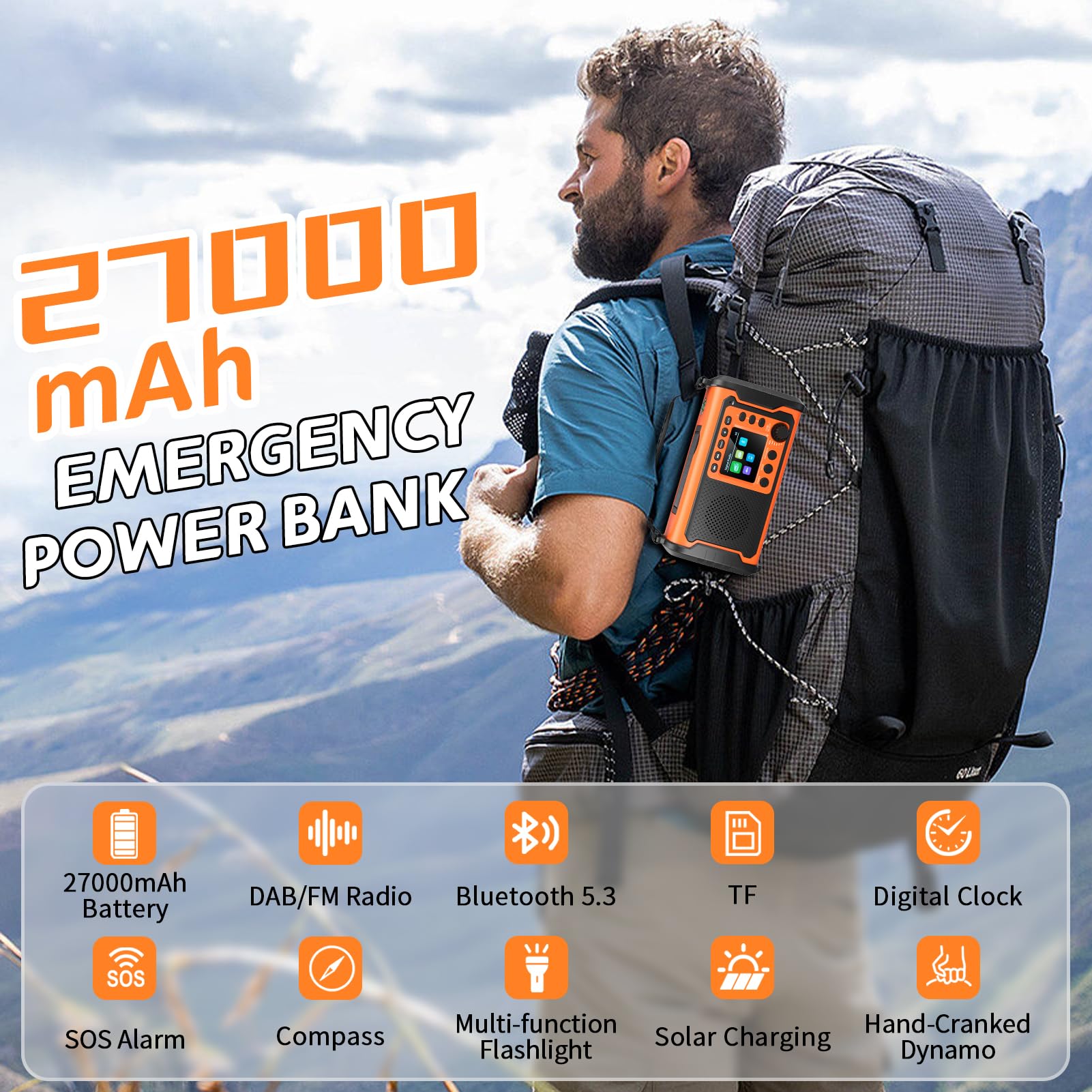 Radio de Emergencia Dab+/FM 27000mAh con Powerbank, Solar y de Manivela