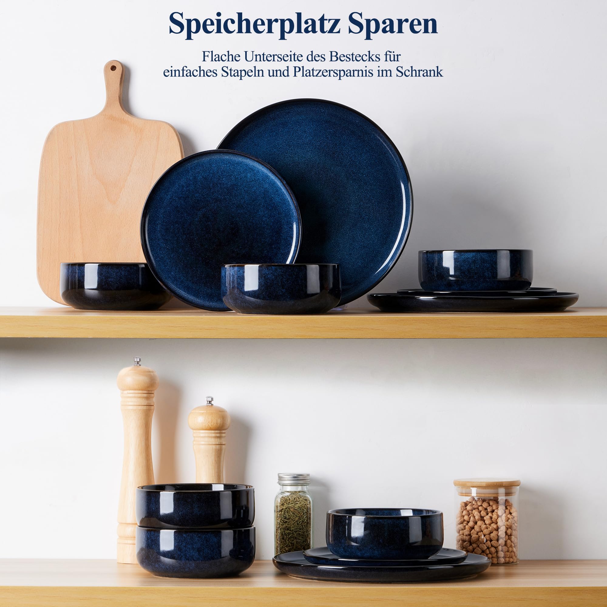 Joyfair Geschirrset 6 Personen, 18-tlg Steinzeug Tafelservice Set, Kratzfest Reaktive Glasur Geschirr Set mit Speiseteller, Dessertteller, Müslischalen, Mikrowellen- & Spülmaschinenfest, Tiefsee Blau
