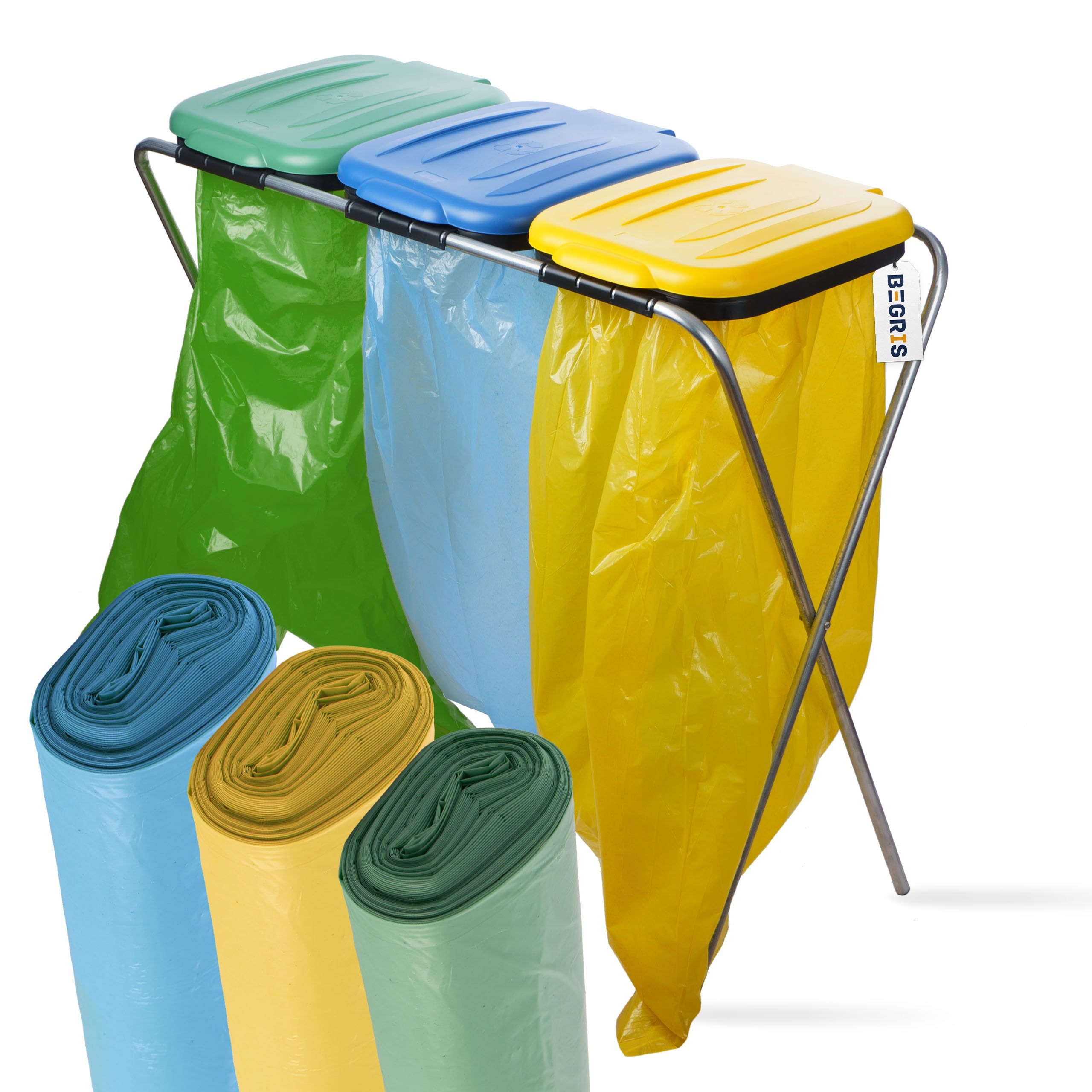 Stojak na Worki do Segregacji Śmieci 96,5x36x78 cm Stelaż Kosz 3 Stanowiska Na Śmieci + kolorowe Worki na Odpady 120L 3 Rolki, kolorowy Uchwyt na Worki z Odpadami z Pokrywą