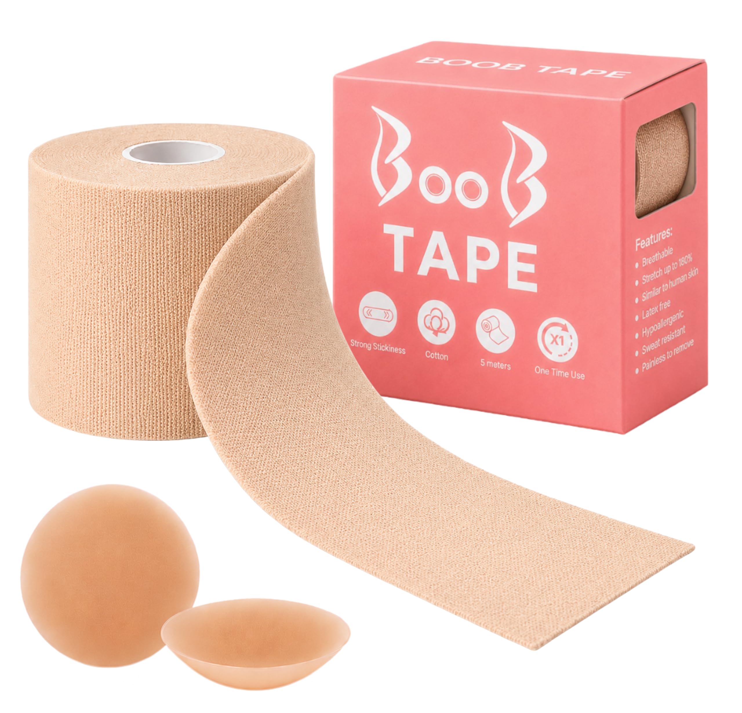 Aurenic Women's Beige 5M Boob Tape With 2 Silicone Nipple Covers, Bob Tape Roll For Large Breasts Lift, Stretchable Boobtapes For Strapless Outfits (Beige)