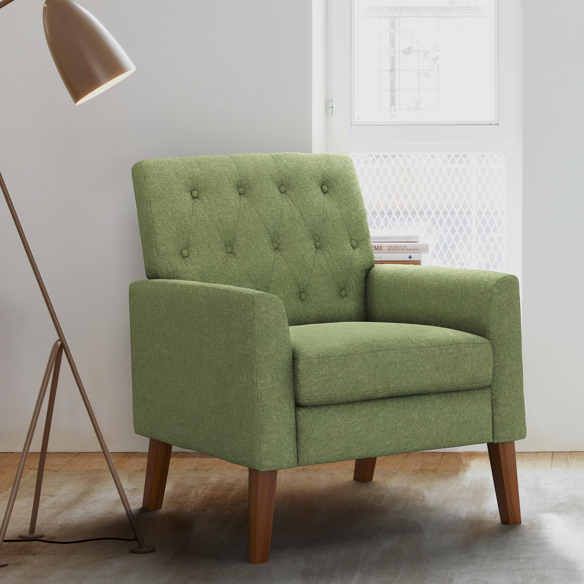 LUE BONA Linen Accent Chair 18.5" H, Upholstered Button Tufted Arm Chair, Comfy Living Room Chair with Arms, Modern Armchairs for Bedroom, Living Room, Avocado Green