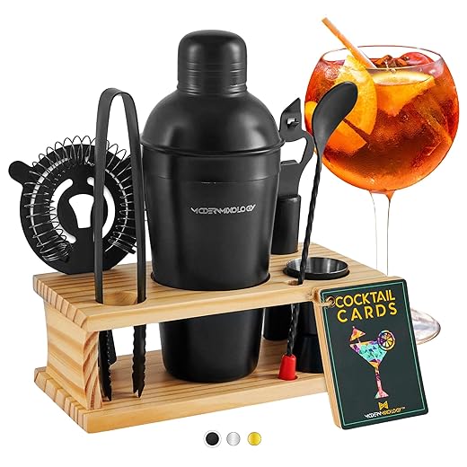 Mixology Bartender Kit - 8-Piece Black Matte Cocktail Shaker Set with Pine Wood Stand, Recipe Cards, and Bar Accessories - Christmas Gift Ideas