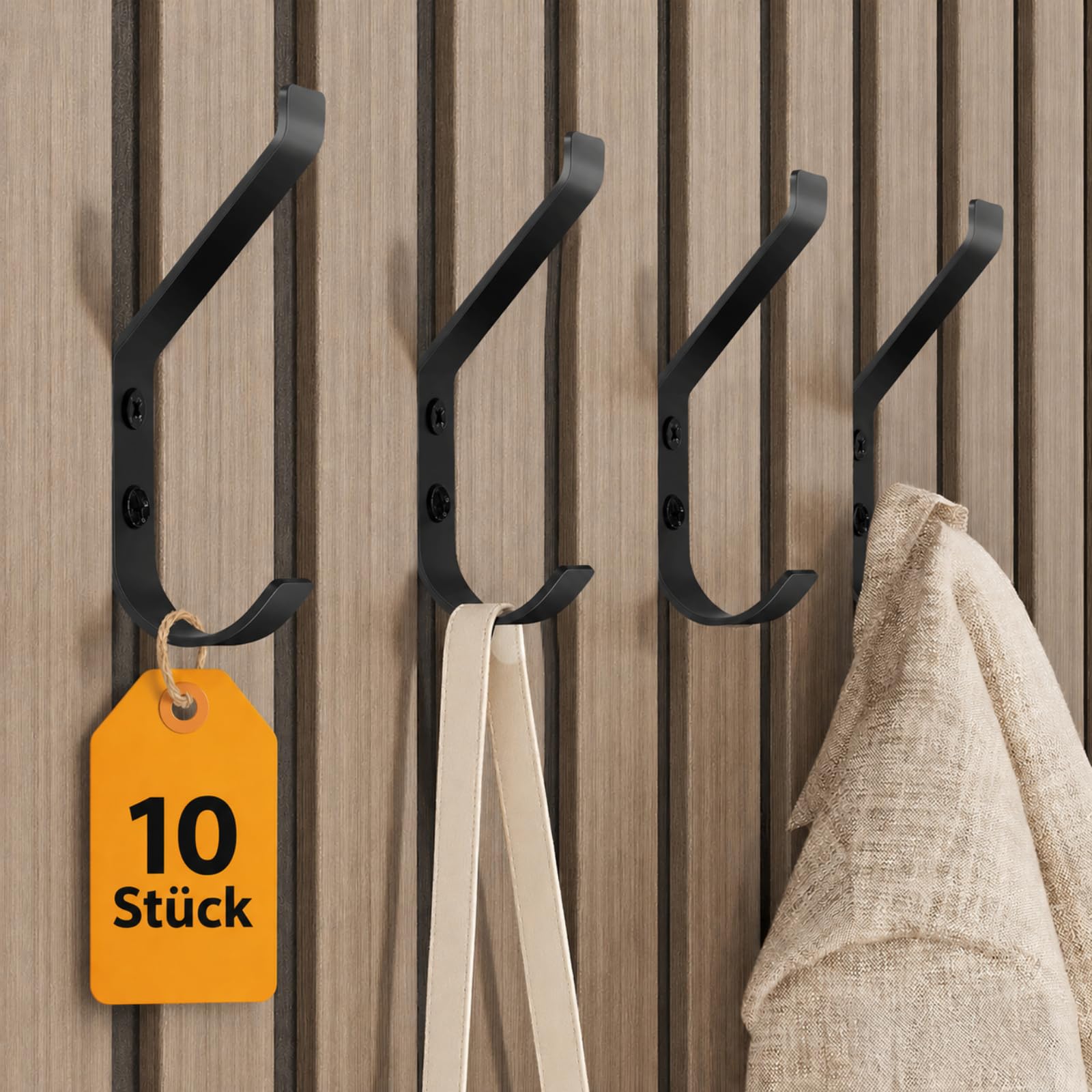 JOTOOL Haken für Akustikpaneele, Schwarz Edelstahl, Kleiderhaken Wand | 10 Stück Garderobenhaken, zum Bohren und Schrauben, für Garderobe, Jacken, Hüte und Taschen