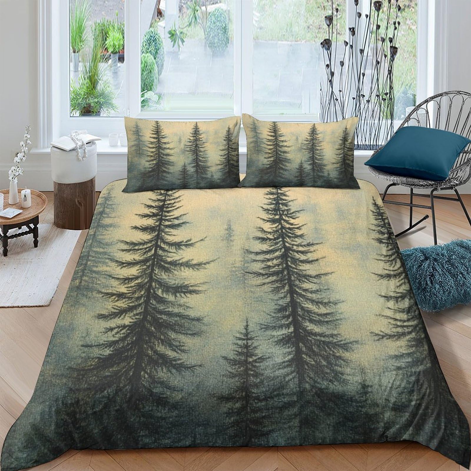 Ctjqhvkz Style-3 3D Printed Pine Forest Fitted Sheet Microfiber Soft Green Woodland Mattress Cover For Bedroom Guest Room Easy Care Single（135X200cm）