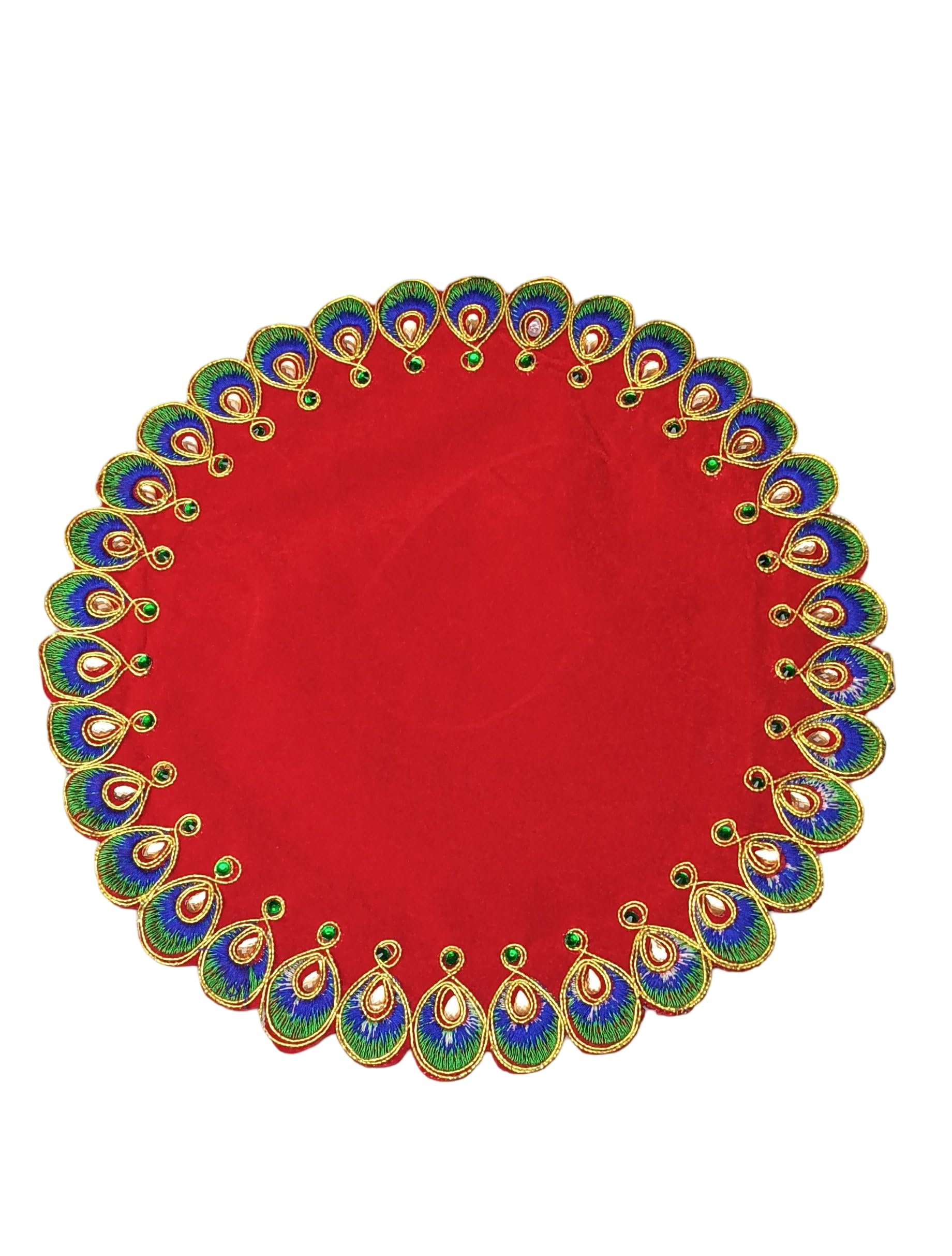 Velvet Pooja Aasan Cloth for God Idol Mor Pankh Peacock Feather Embroidery Border Red Velvet Mandir Aasan 12 x 12 Inch-image-24