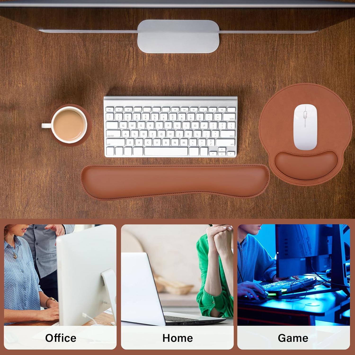 MOSISO Wrist Rest Support for Mouse Pad & Keyboard Set, Ergonomic PU Leather Keyboard and Mousepad with Wrist Rest&Coaster Non-Slip Base Home/Office Easy Typing Cushion with Raised Memory Foam, Brown - Image 6