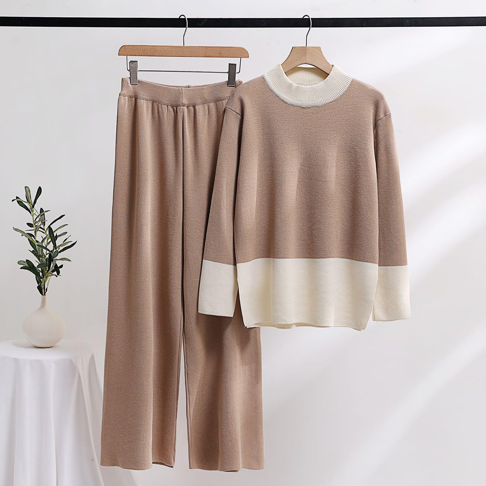 Generico Completi di Lana da Donna Eleganti Tute in 2 Pezzi Maglia Polsino Elastico Completo Pullover Top Girocollo e Pantalone a Gamba Larga in Vita Tuta Sportiva Invernale Coordinato Lavorati Curvy