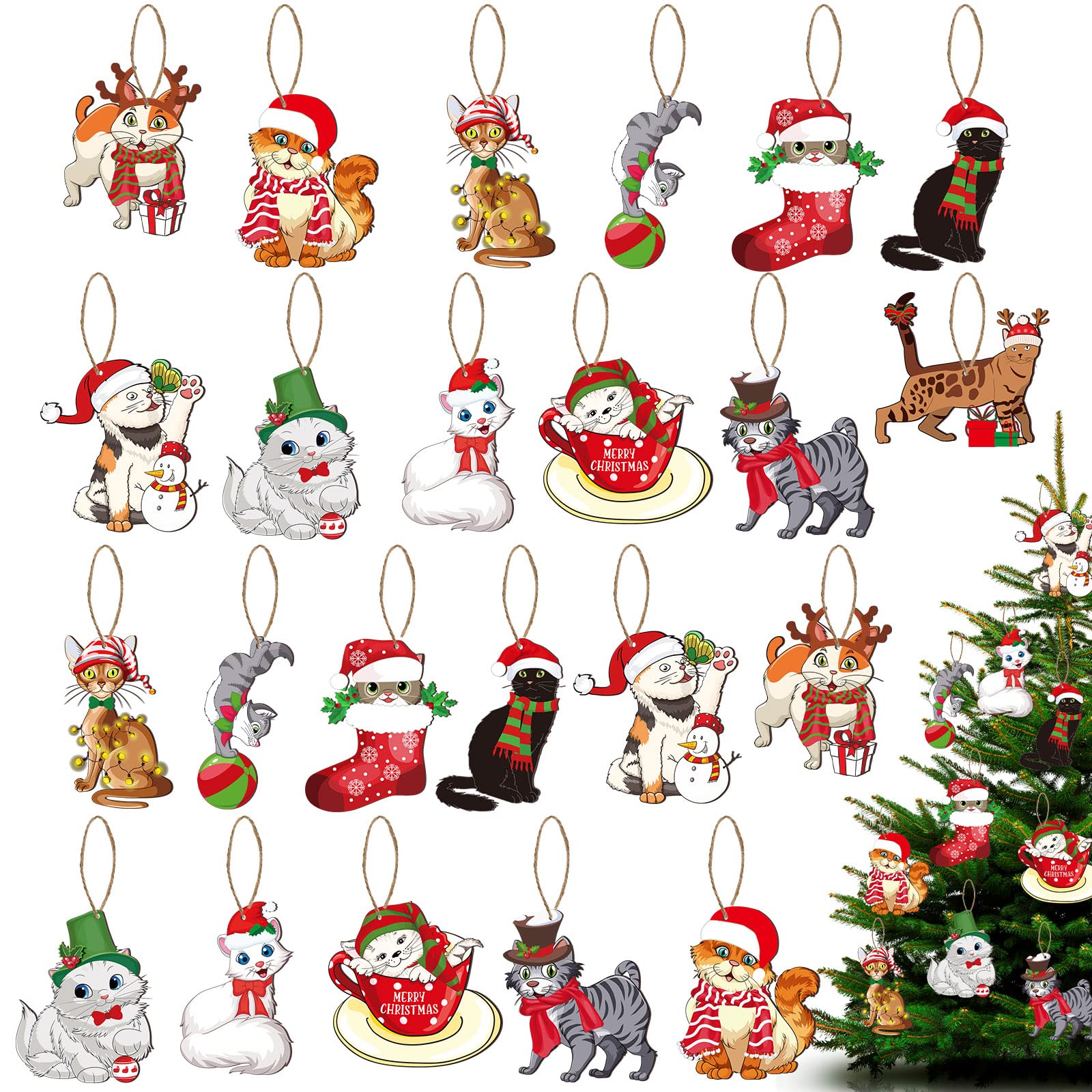 Figurines chat de Noël en bois cadeau calendrier de l'avent lot