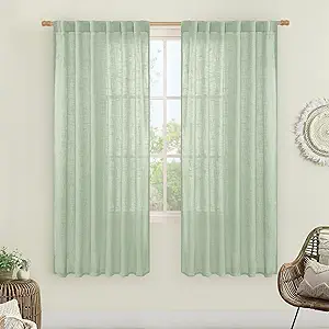 LAMIT Fresh Green Linen Boho Curtains 68 inch Length 2 Panels, Light Filtering Semi Sheer Panels Back Tab and Rod Pocket Neutral Drapes for Bedroom/Living Room, 52 x 68 Inch