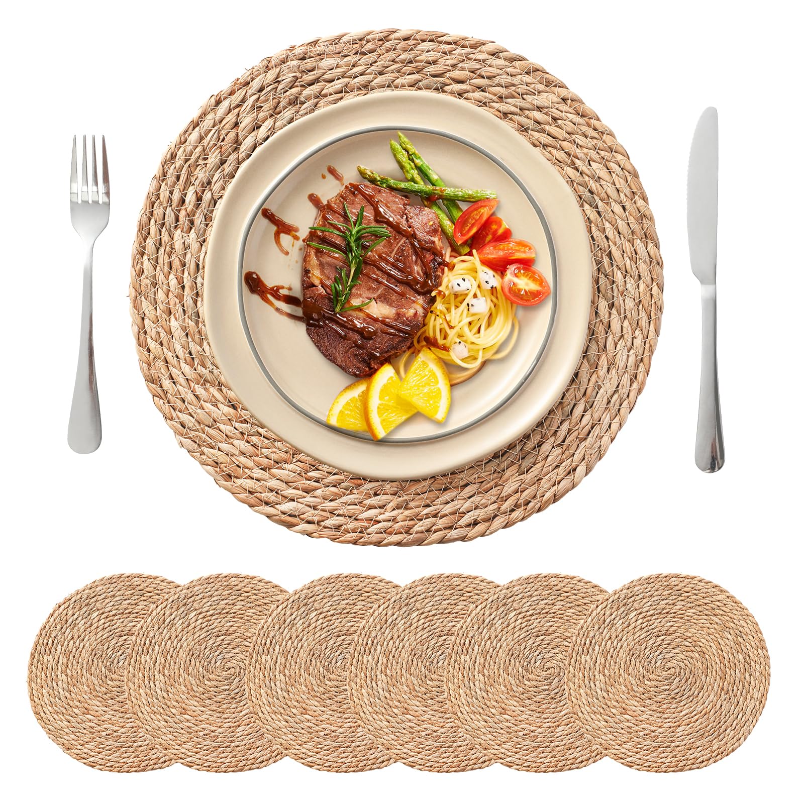 Round Woven Placemats Set of 6, 13.5'' Boho Rattan...