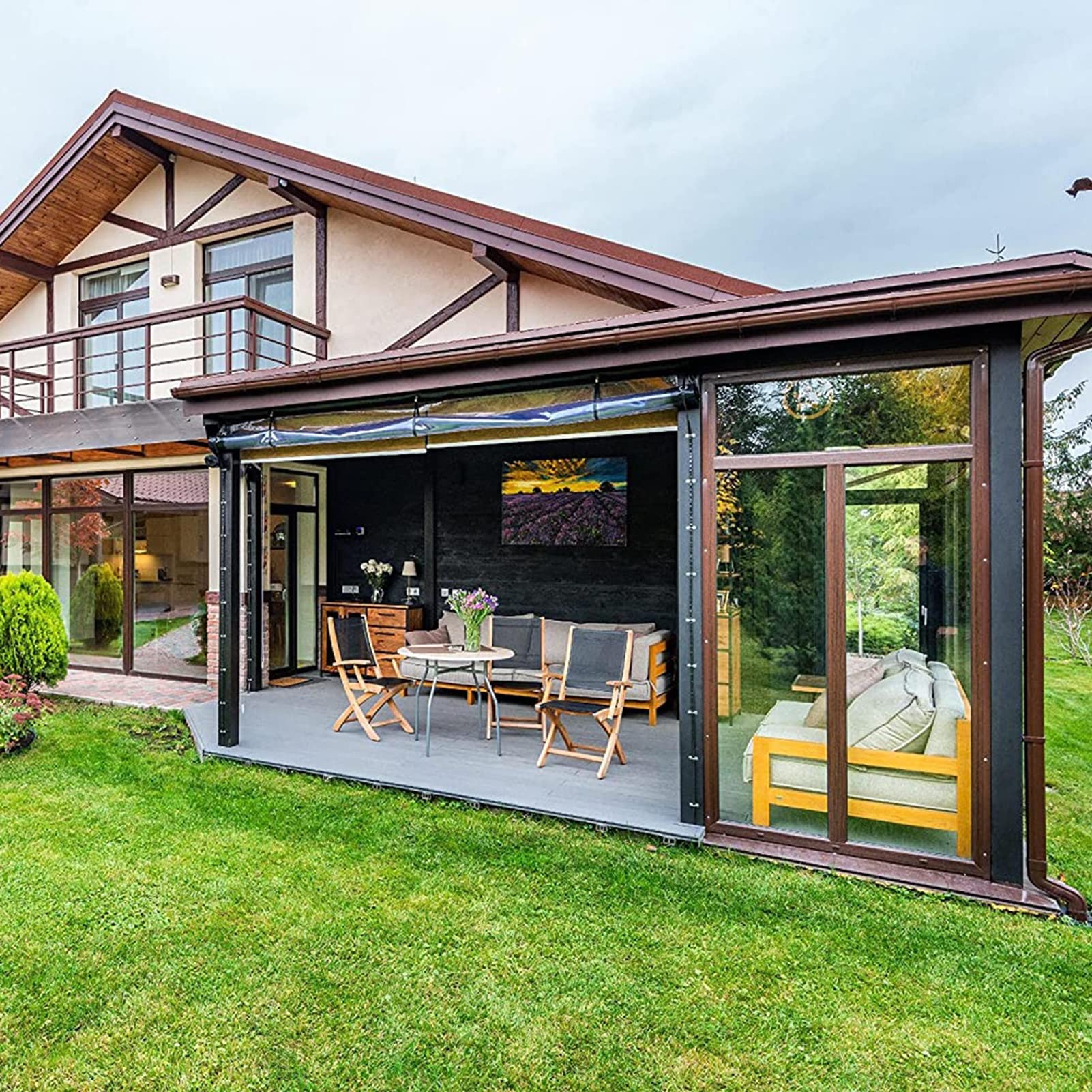 Outdoor Wetterfeste Vorhänge, mit Reißverschlusstür Pergola Seitenteil Transparent Wasserdicht PVC Plane für Pavillon, Terrasse, Anpassbar