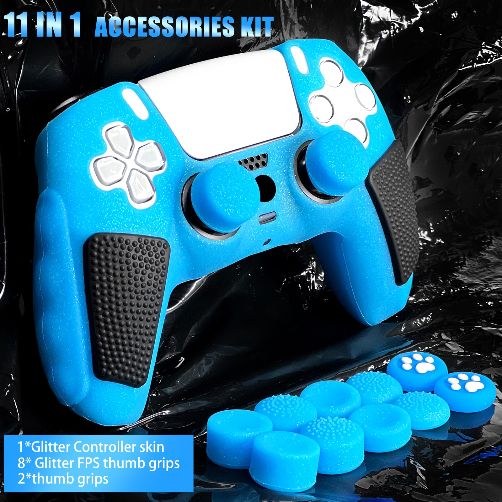 Glow in The Dark PS5 Controller Skin, Glitter Blau Anti-Slip Soft Thicked Spiked Silicone Cover Skins Kompatibel mit PS5 Controller, inklusive 8 PCS Glitter Glow Thumb Grips und 2 Grips Caps.