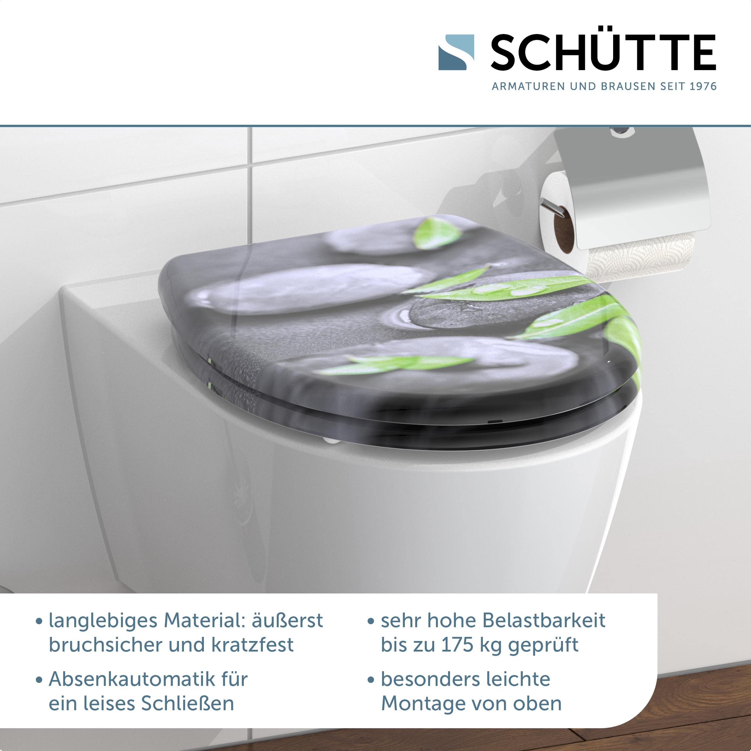 SCHÜTTE WC-Sitz STONE mit Absenkautomatik und Schnellverschluss aus Duroplast, Toilettendeckel mit 175kg Belastbarkeit, Toilettensitz mit Brille, Klodeckel für WC, Klobrille mit Motiv