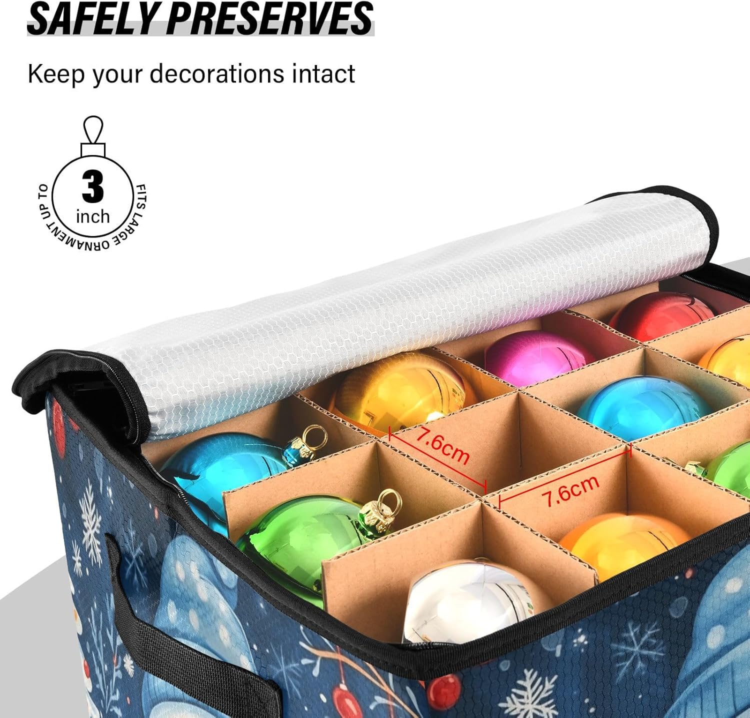 High Capacity Christmas ornament storage bag Holds Up to 64, Adjustable Dividers Large Holiday Storage Case with Lid,Cute Christmas Snowman