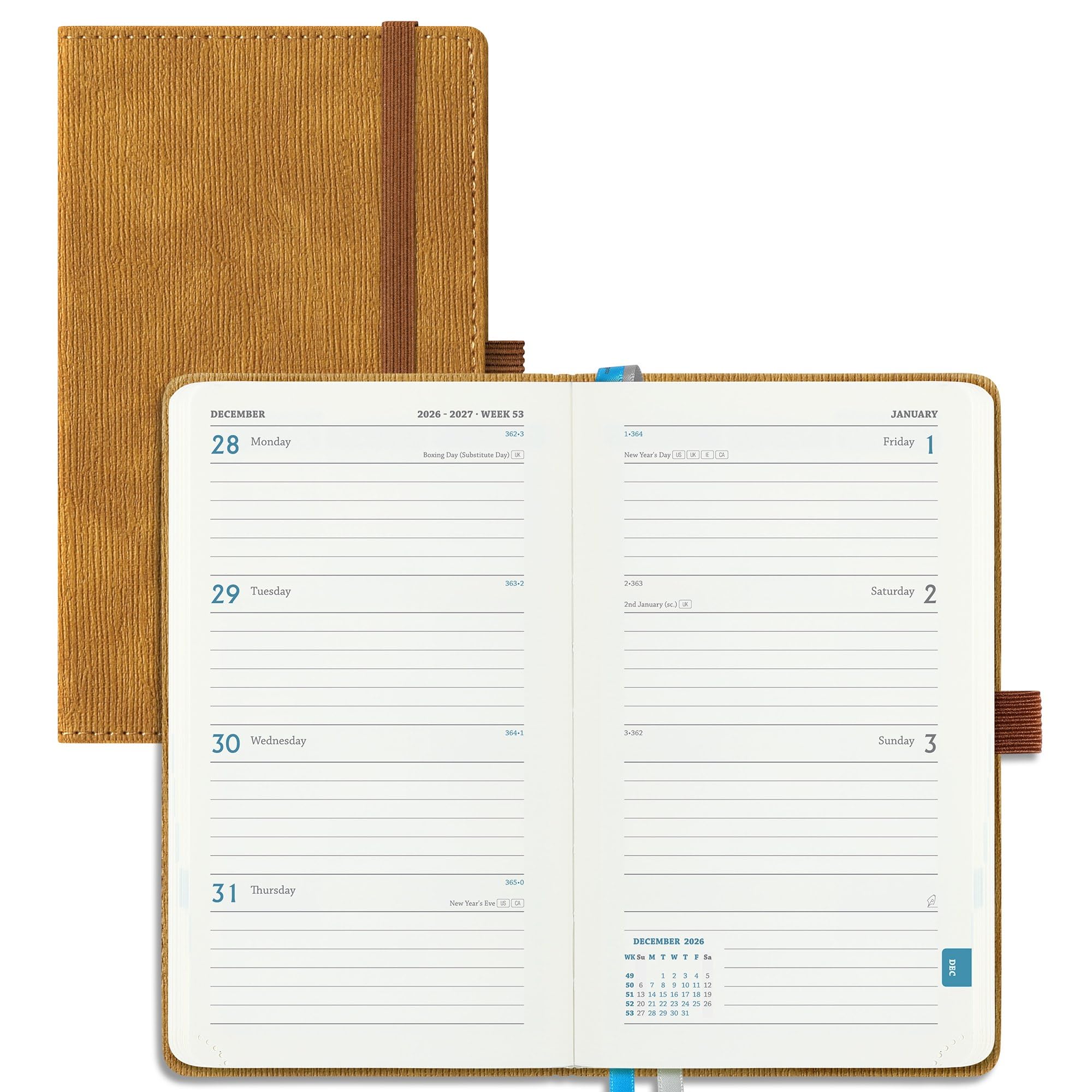IN-LUXPRO Academic Diary 2026-2027 Week to View Pocket A6 (16.4x9.5 cm) 18 Months (Jul'26 - Dec'27) Mid Year Diary 26/27 Weekly Planner with Timeslots& Month Tabs, PU Leather Caramel