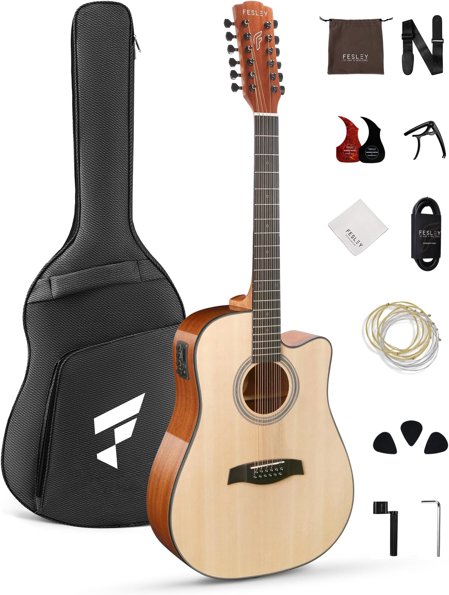 Fesley 12 String Guitar: 42" Full Size Acoustic Electric Guitars for Beginners Adults, Spruce Top Guitarra Acustica, Cutaway Guitar Bundle with Gig Bag, Picks, Strings, Strap, Gloss, Natural