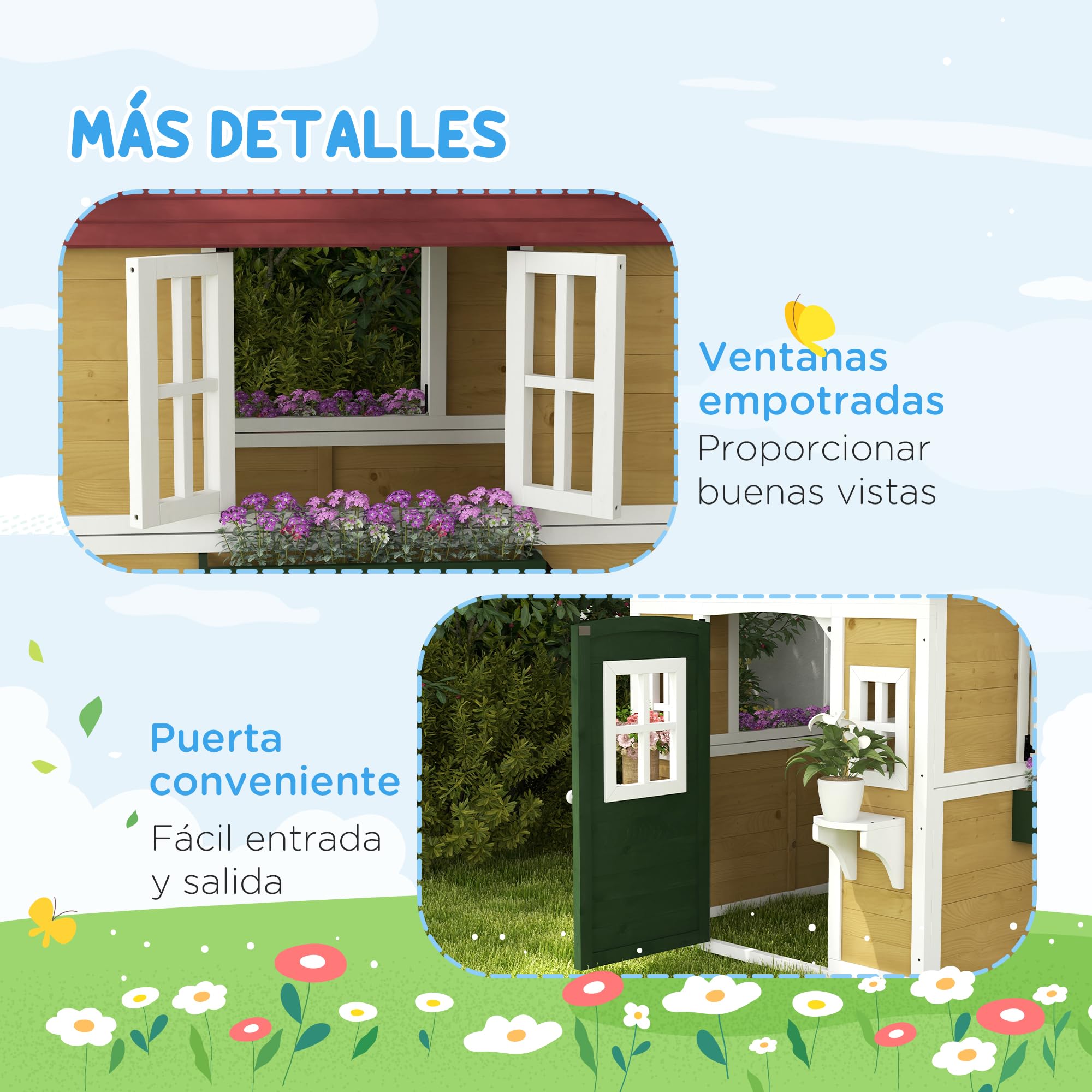 Outsunny Casetta da giardino in legno per bambini 114x126,4x135 cm