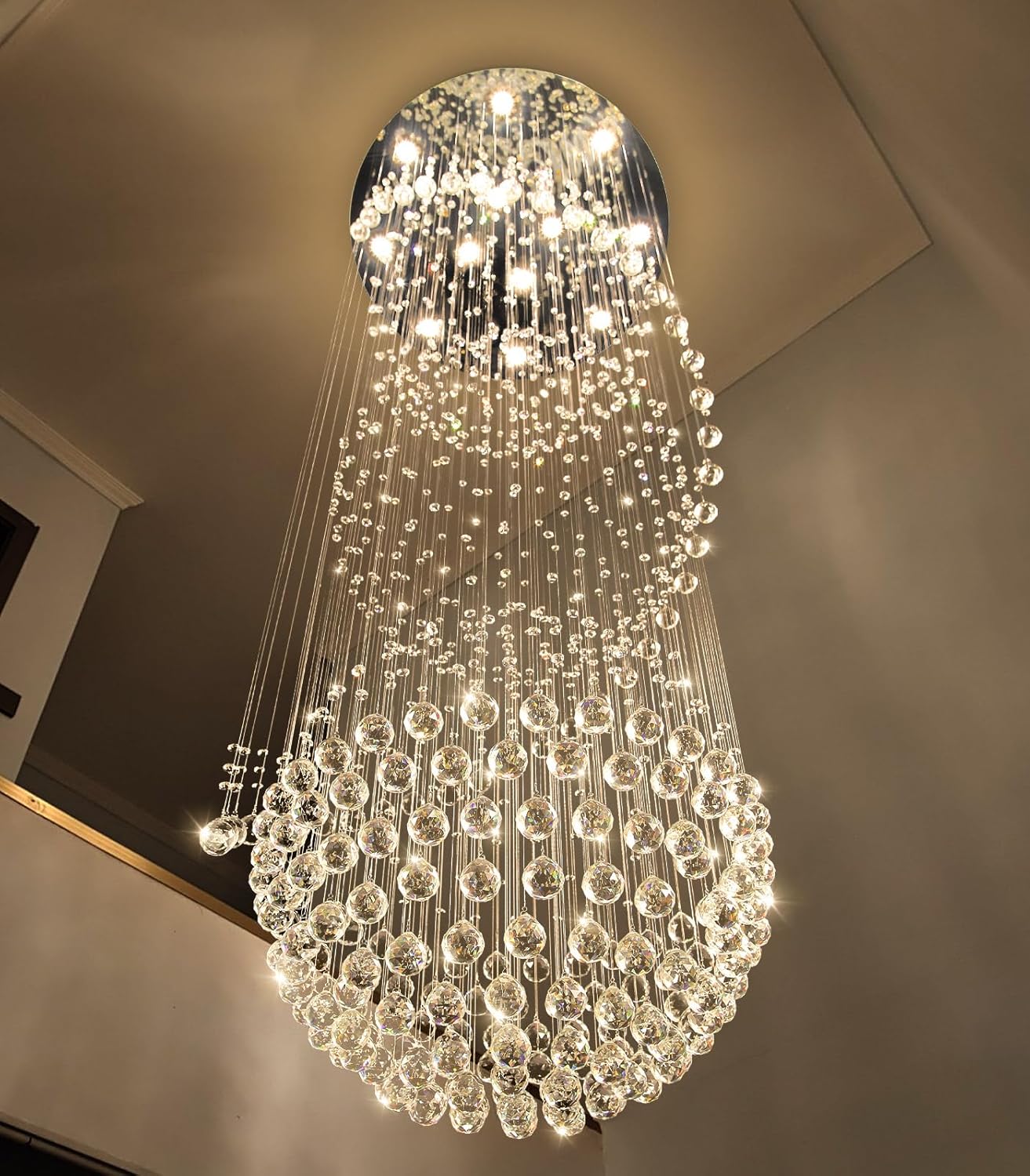 D32'' x H100'' Crystal Chandelier for Entryway High Ceiling Chandeliers Glam Chandelier Modern Large Raindrop Chandeliers LED Dimmable Light Fixtures for Staircaes Foyer Living Room D32'' x H100'' Silver