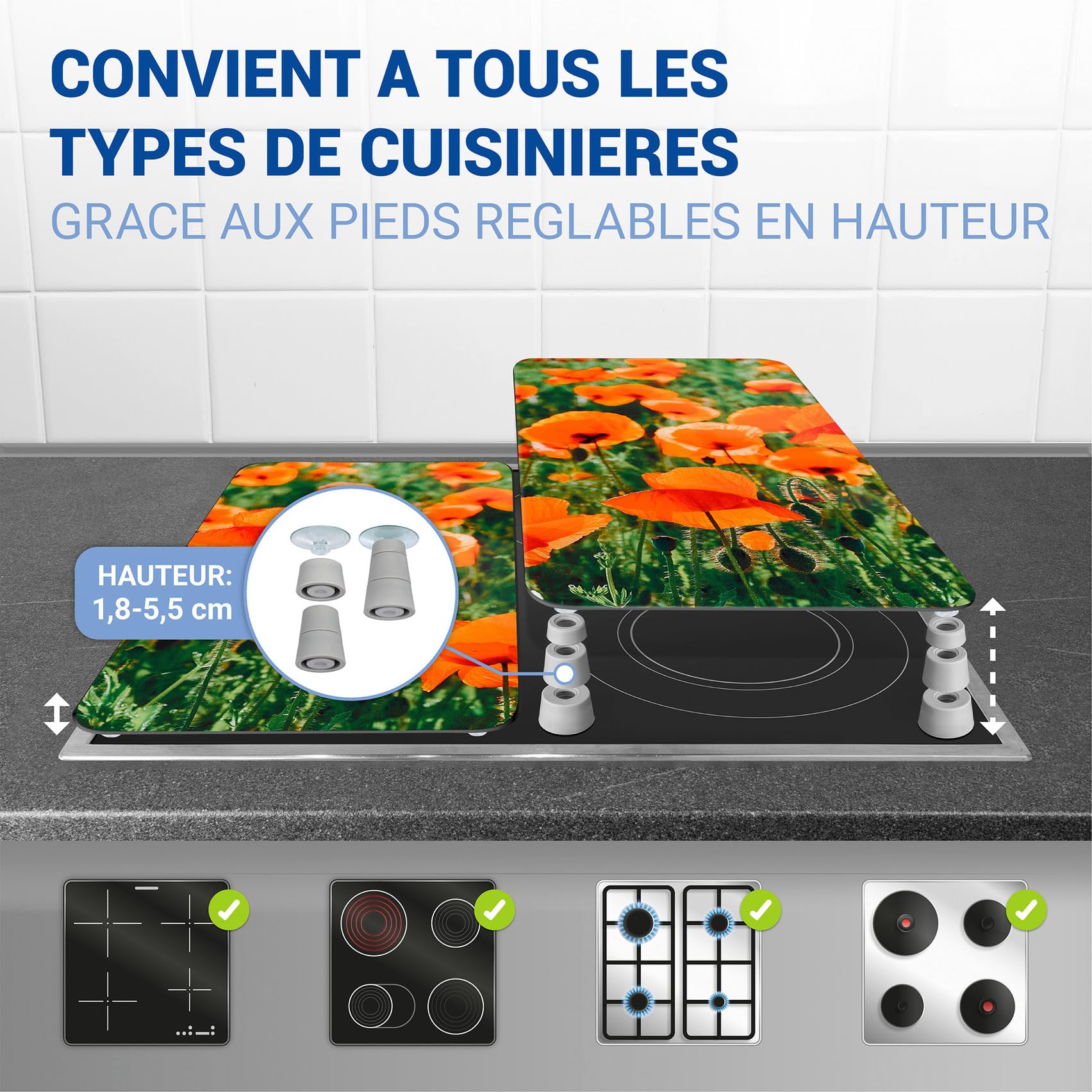 WENKO Plaque de Recouvrement Universelle Mod. Champs de Coquelicots, réglable en hauteur pour tout type de cuisinière, planche à découper et protection anti-éclaboussures, verre, 30 x 52 cm, 2 pièces