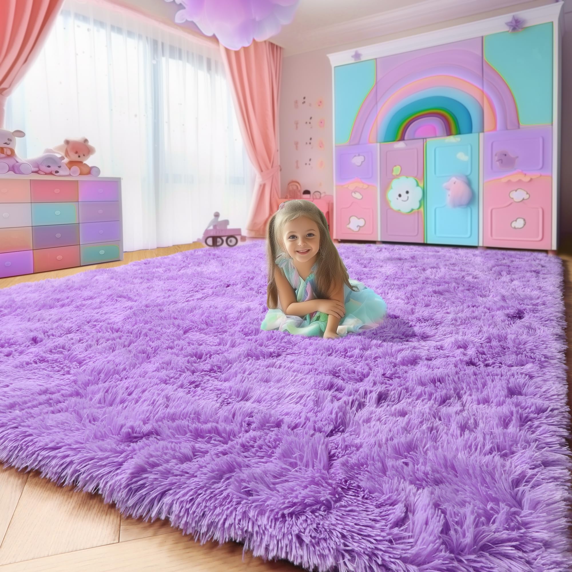 Purple Area Rugs for Girls Bedroom,5x8 Rug,Fluffy Shag Rug for Living Room,Thick Furry Rugs for Kids Room,Shaggy Throw Rug for Nursery,Playroom,Kawaii