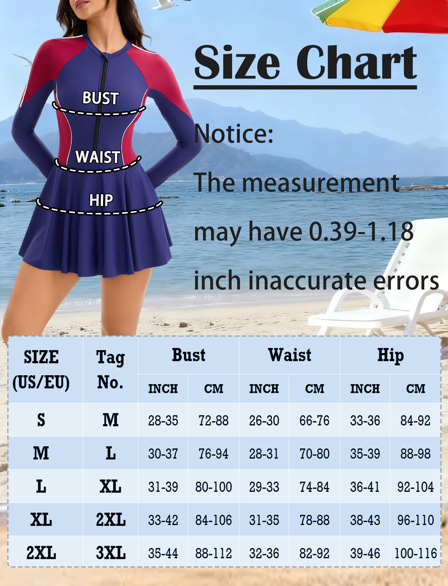Maeau - Traje de Baño de Una Pieza Mujer con Falda Mangas Largas Cremallera Bañador Vestido de Playa Surf S-XXL