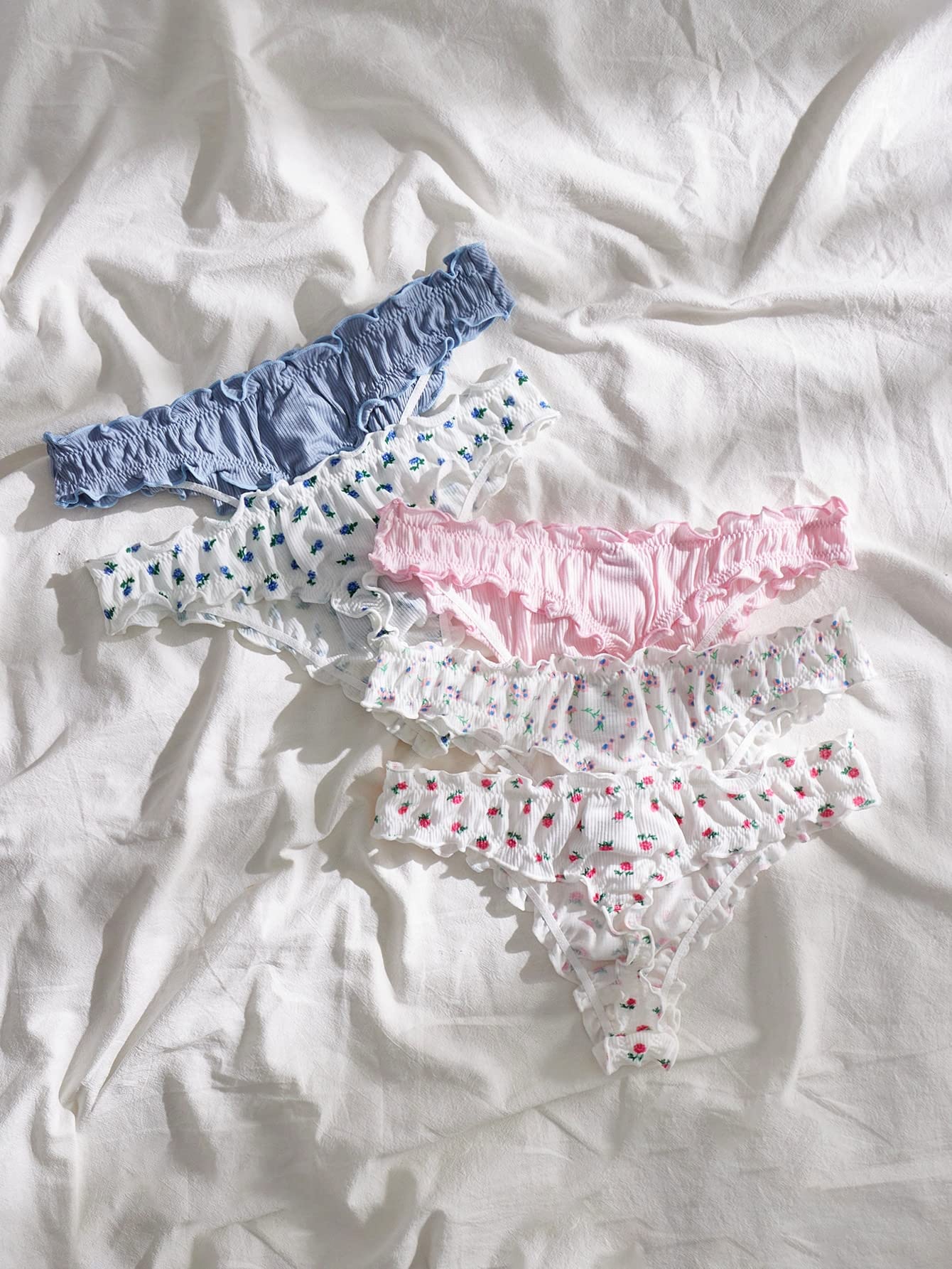 COZYEASE Women's 5 Piece Sets Floral Print Lettuce Trim Low Rise Panty Cute Underwear