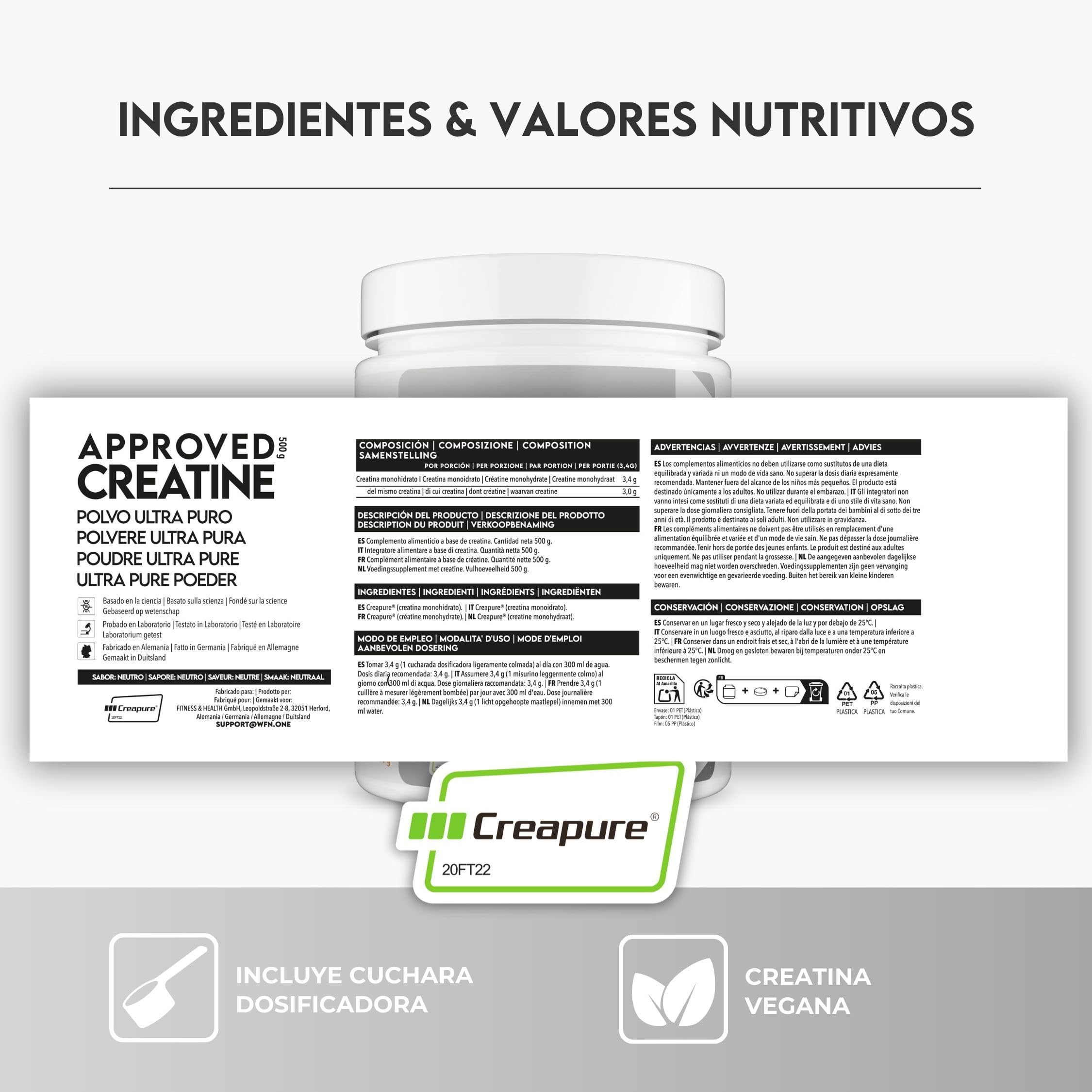 WFN Approved Creatine - Creatina Creapure - Neutro - 500 g - Creatina monohidratada - Polvo - Vegano – 146 Porciones - Fabricado en Alemania - Probado en laboratorio externo
