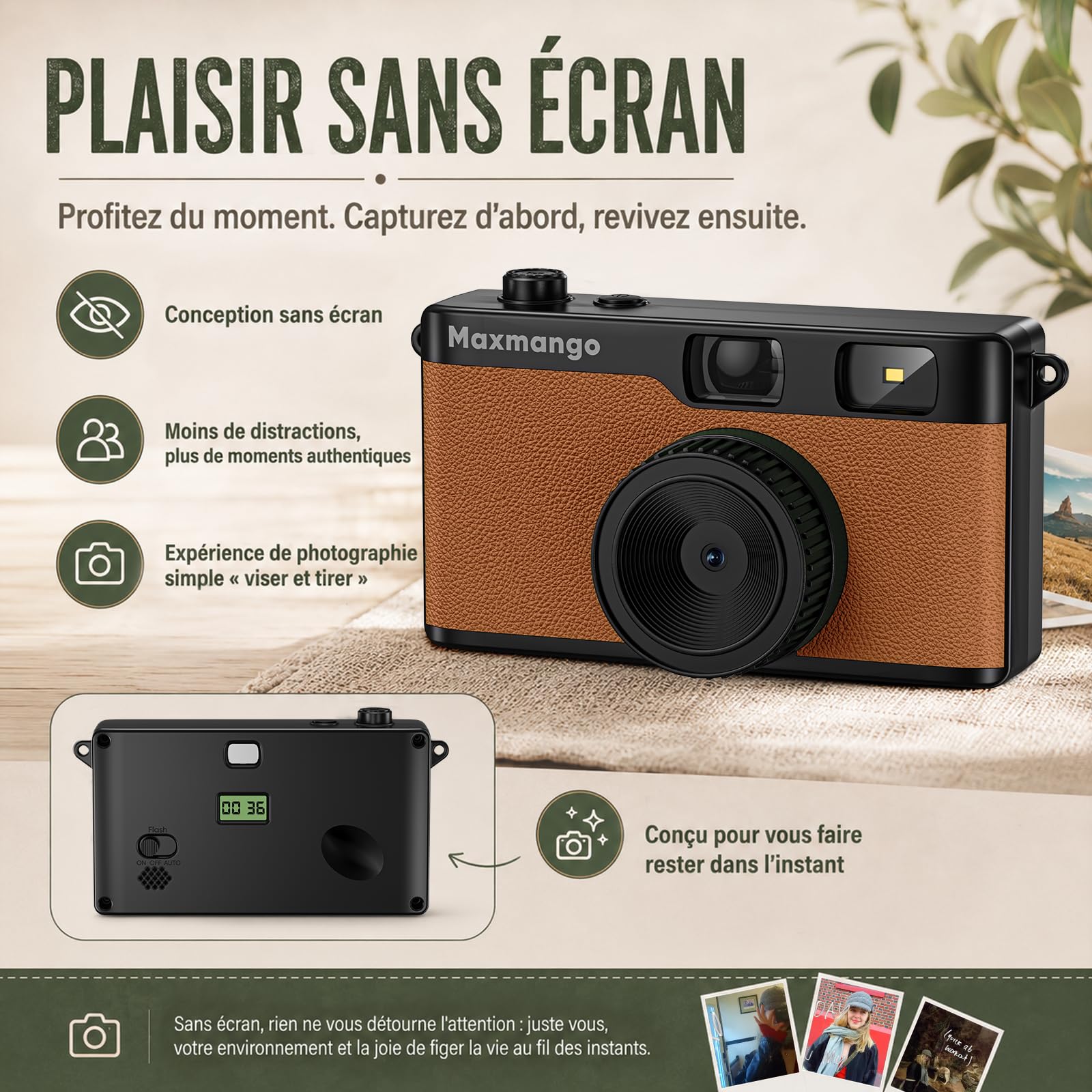 Maxmango D53 Appareil Photo Vintage sans Écran, Numérique Rétro 12 MP, Filtres DIY, Transfert USB-C, Carte SD 8 Go, Marron