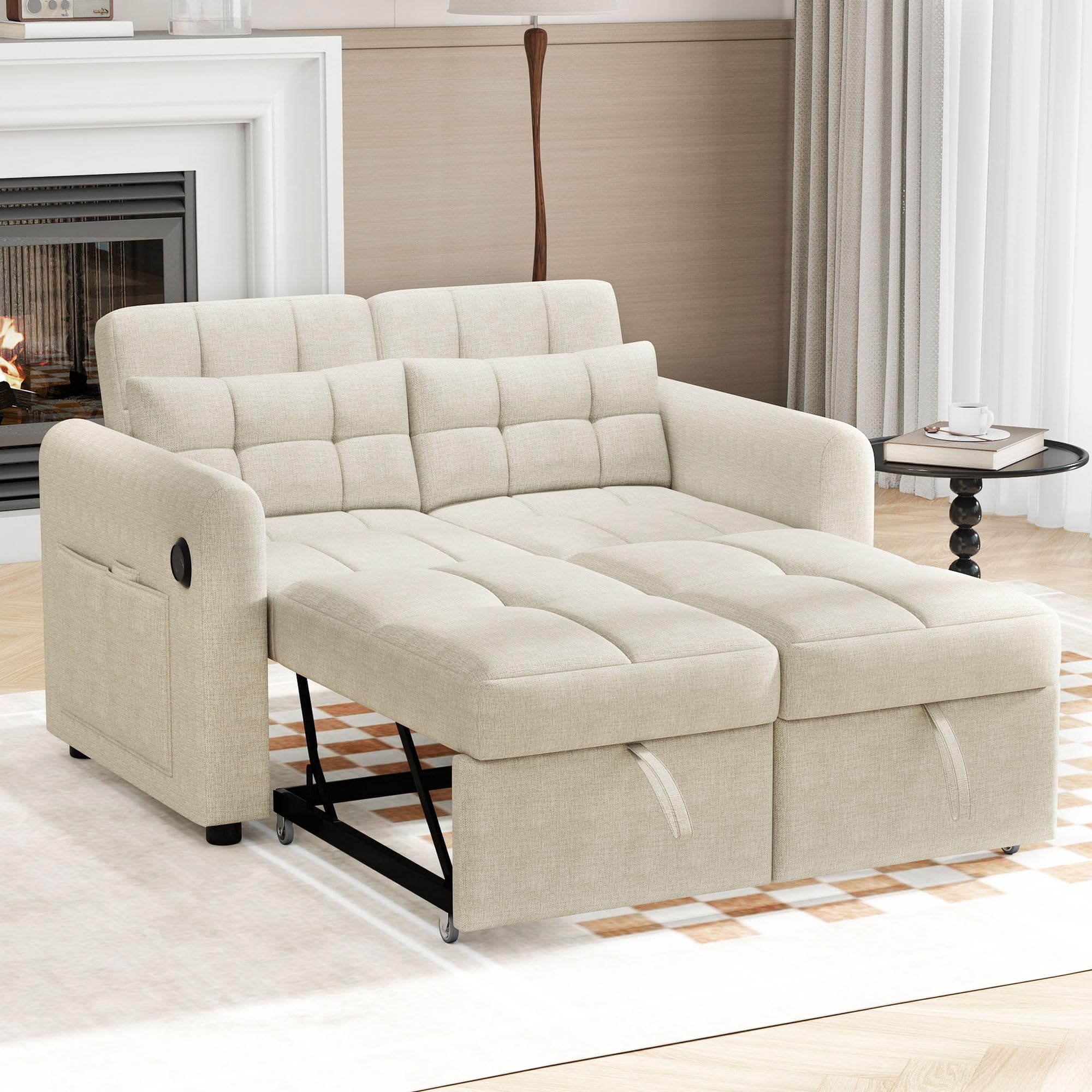 Azkoeesy Sofá Cama Extensible 3 en 1 de 2 plazas, sofá Plegable con Respaldo Ajustable y 2 Almohadas, Puerto USB, Bolsillo Lateral, para salón, Cine en casa, 142 x 83 x 85-172 cm, Tela de Lino, Beige
