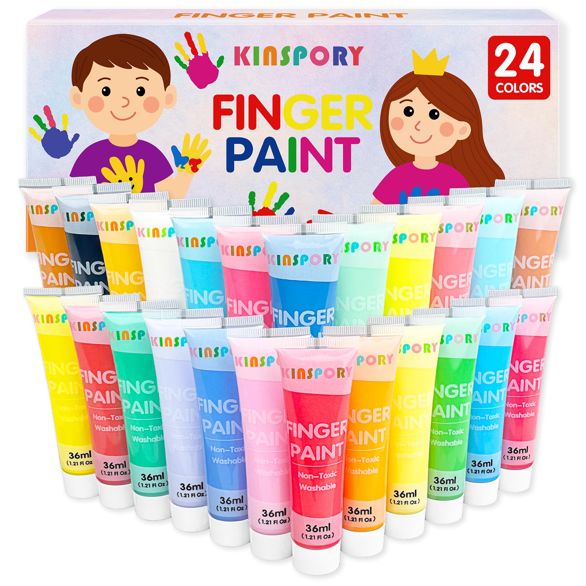 KINSPORY Kids Finger Paints 24 x 36 ml - Washable Paints for Toddlers, Non-Toxic, Baby Safe for Hand and Feet, Preschool Learning Art Supplies Creative Gifts