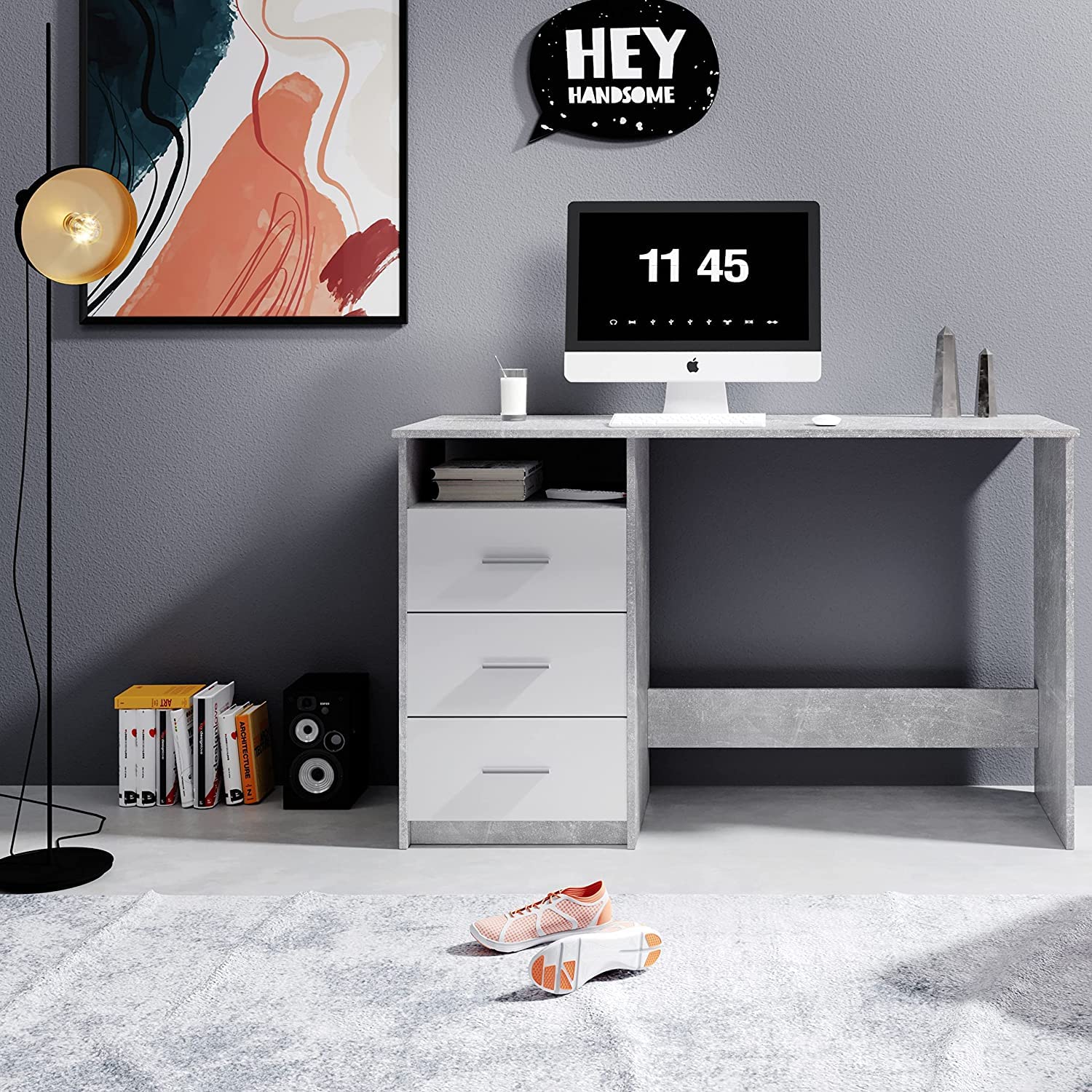 AVANTI TRENDSTORE - Adria - Scrivania con 3 cassetti bianchi ed 1 vano aperto, in legno laminato, disponibile in 3 diversi colori (Grigio)