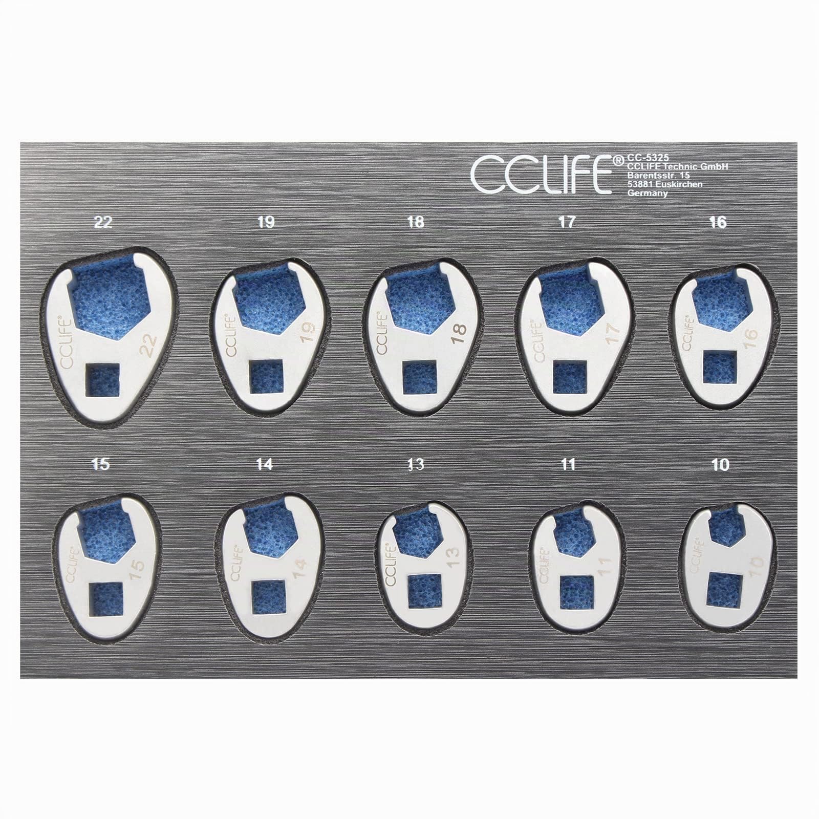CCLIFE 10pcs Jeu de Clé à Tuyauter à Tête Pivotante 3/8' Clé à Fourche, Clé Polygonale Ouverte 6 Pans, Clé Crowfoot Taille de 10-22mm Matériau CR-V